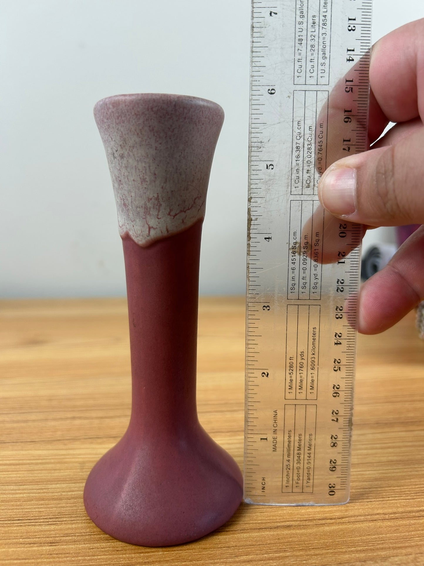 Muncie Bud Vase Tall Neck Bulbous Bottom Drip Glaze White Over Pink Glaze