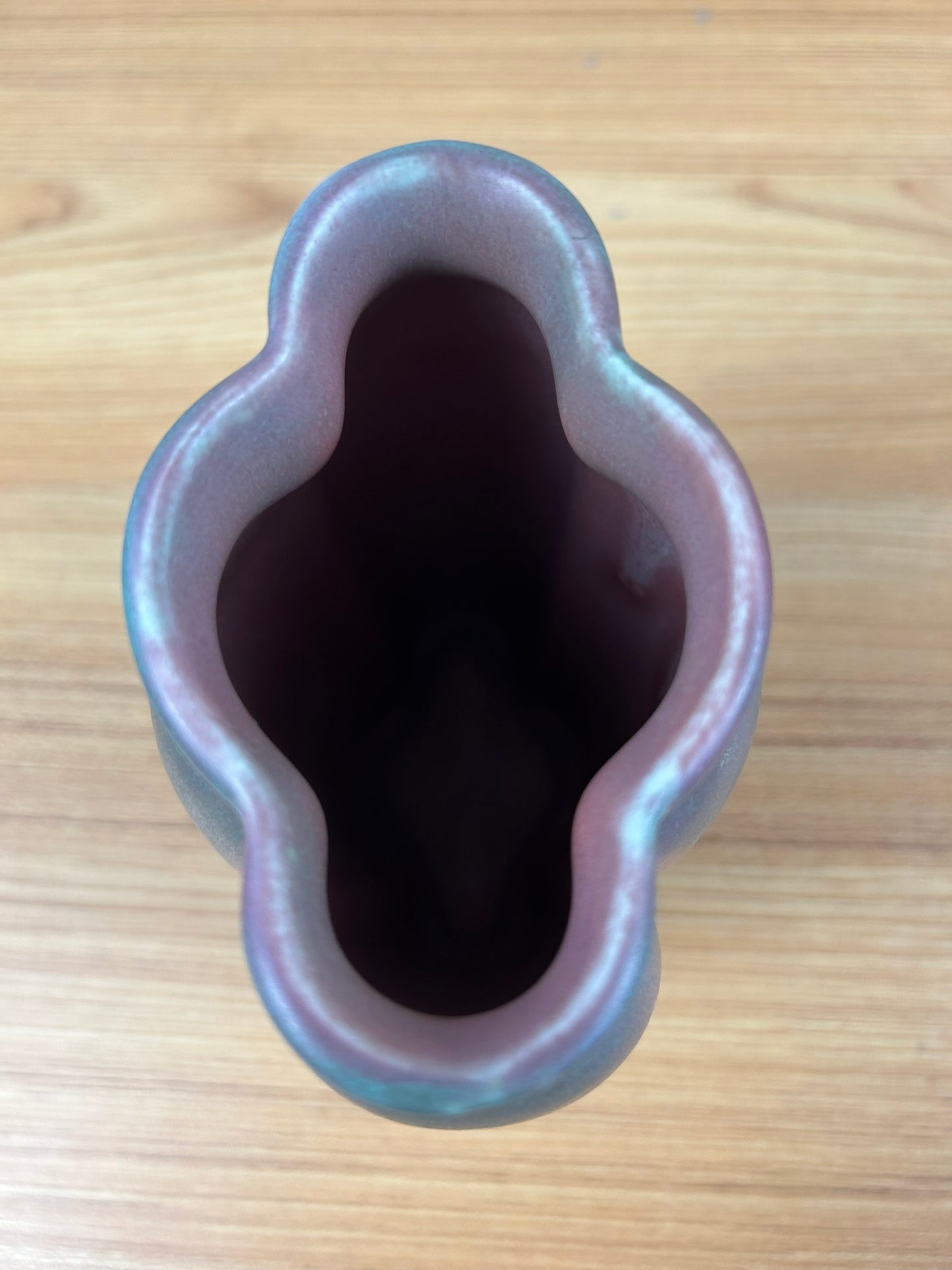 Muncie Art Pottery Buttress Lobed Art Deco Vase 6" Tall Green Over Pink Glaze