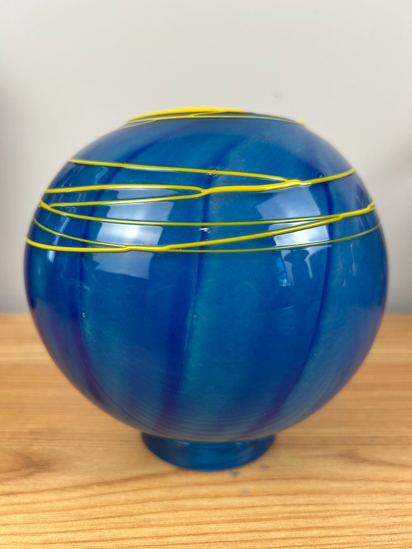 Martine Durand-Gasselin French Blue Yellow Thread Art Glass Orb Vase 1994