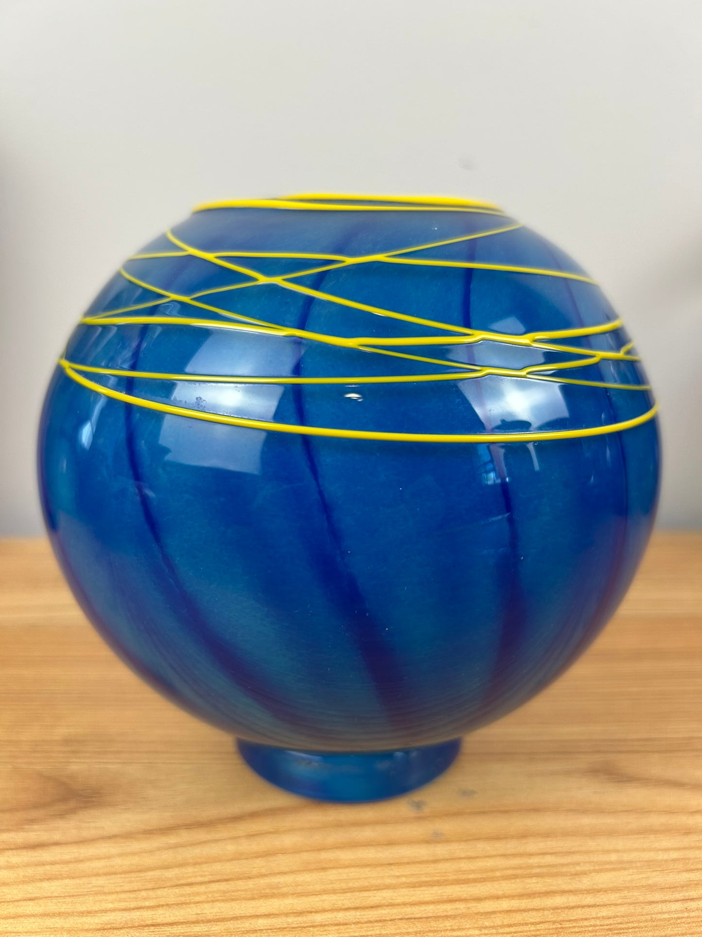 Martine Durand-Gasselin French Blue Yellow Thread Art Glass Orb Vase 1994