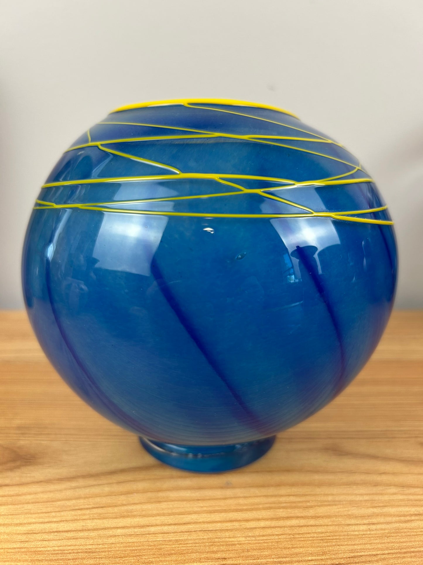 Martine Durand-Gasselin French Blue Yellow Thread Art Glass Orb Vase 1994