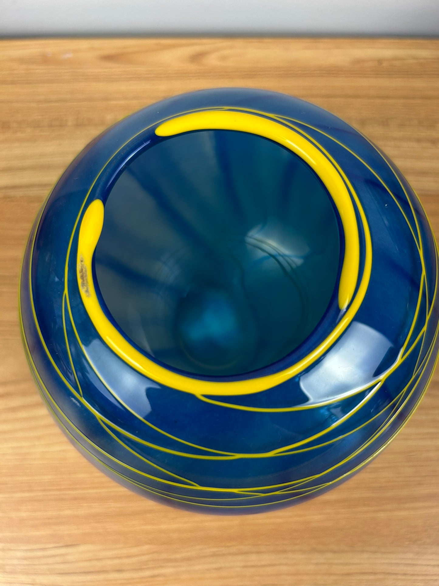 Martine Durand-Gasselin French Blue Yellow Thread Art Glass Orb Vase 1994