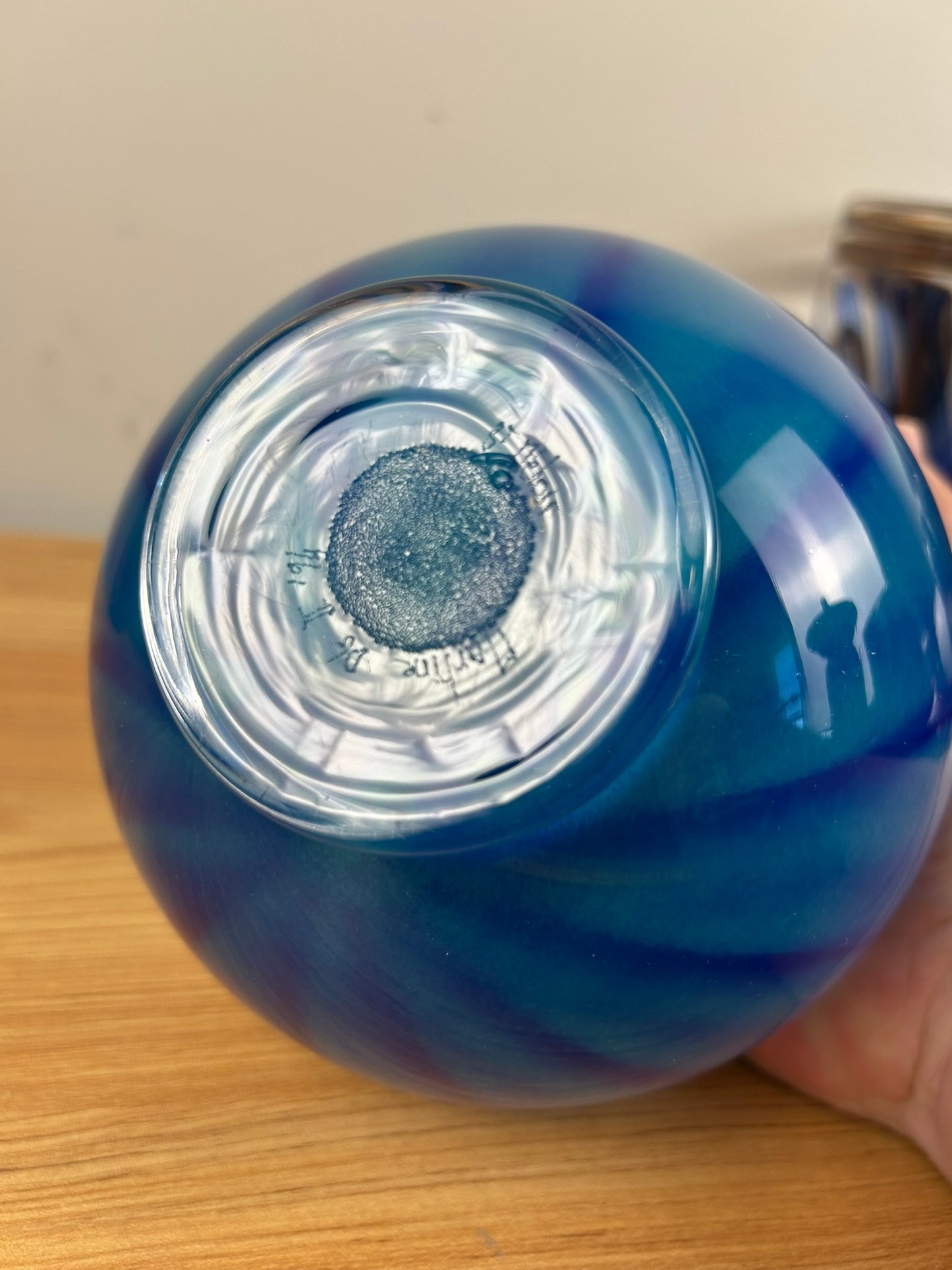 Martine Durand-Gasselin French Blue Yellow Thread Art Glass Orb Vase 1994