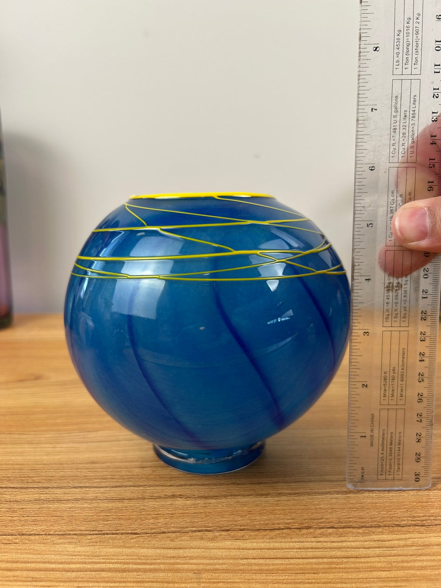 Martine Durand-Gasselin French Blue Yellow Thread Art Glass Orb Vase 1994