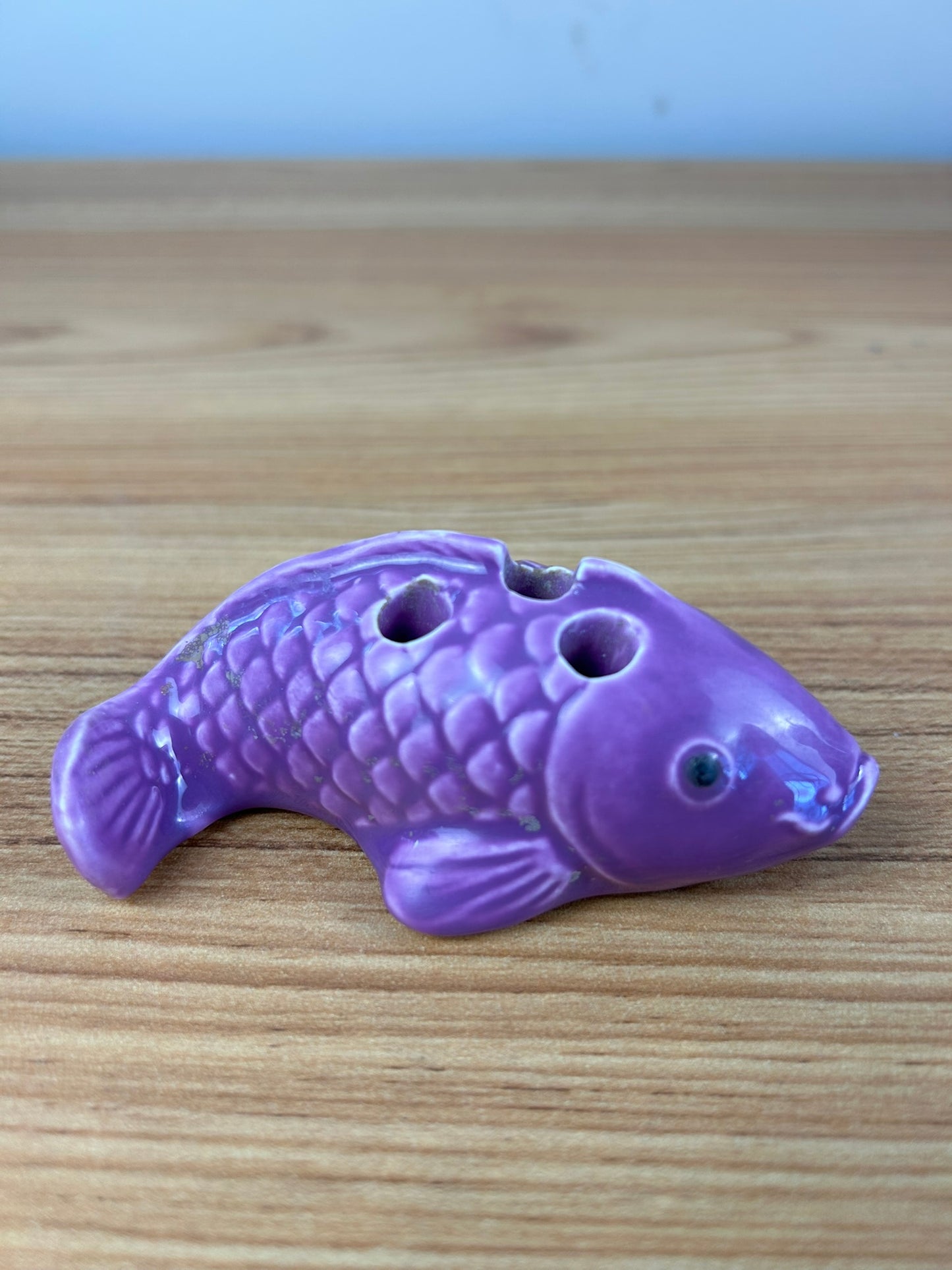 Vintage Purple Art Pottery 5 Hole Koi Fish Flower Frog Flower Arranger