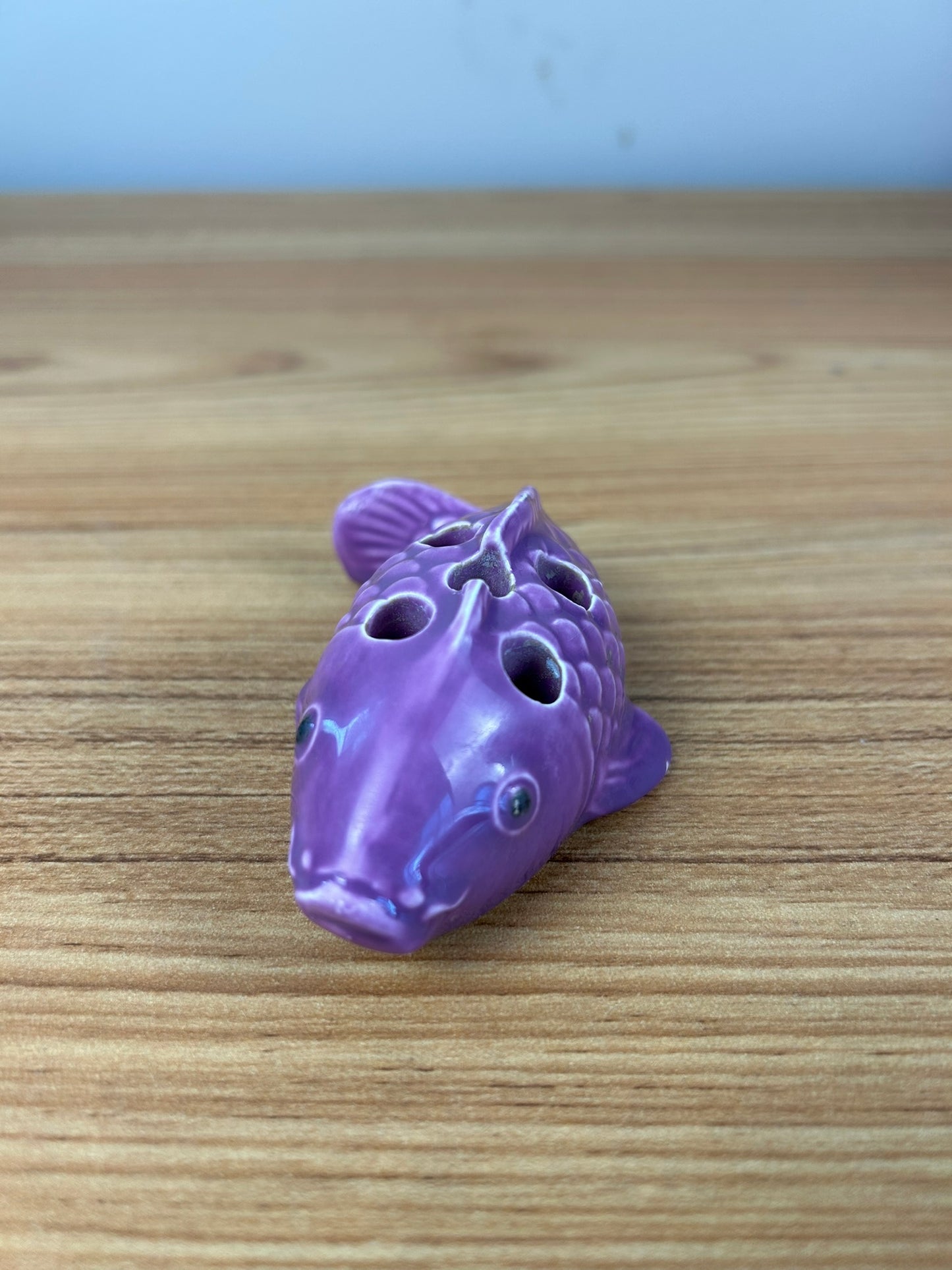 Vintage Purple Art Pottery 5 Hole Koi Fish Flower Frog Flower Arranger