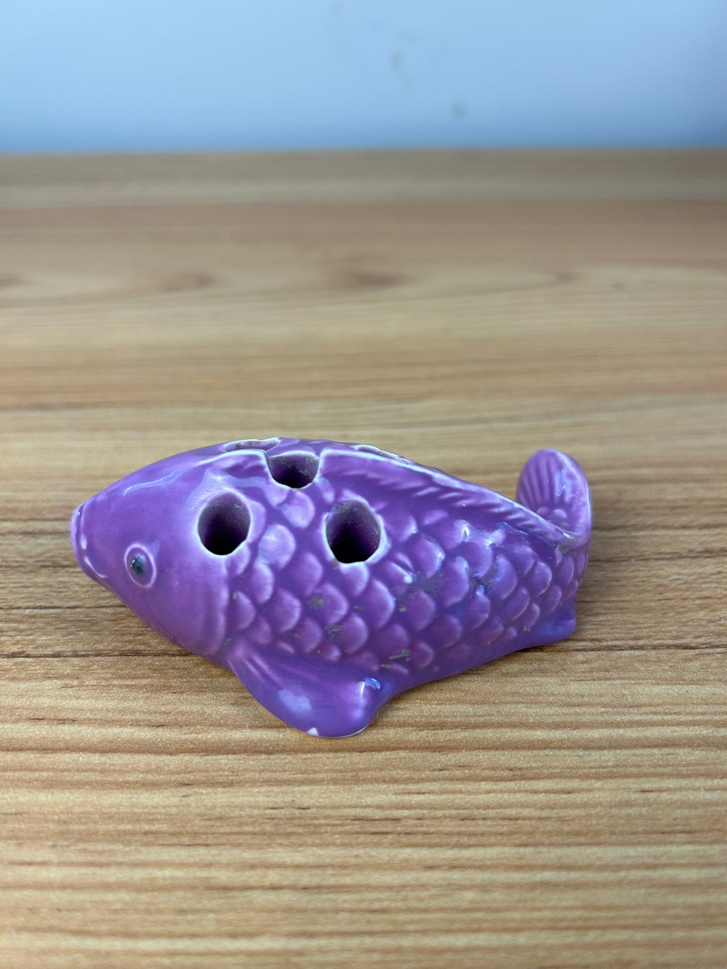 Vintage Purple Art Pottery 5 Hole Koi Fish Flower Frog Flower Arranger