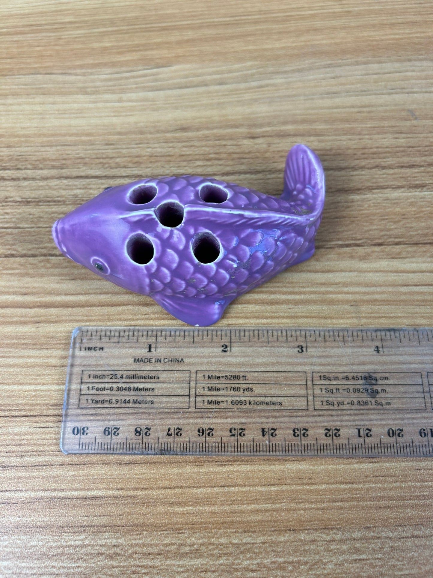 Vintage Purple Art Pottery 5 Hole Koi Fish Flower Frog Flower Arranger