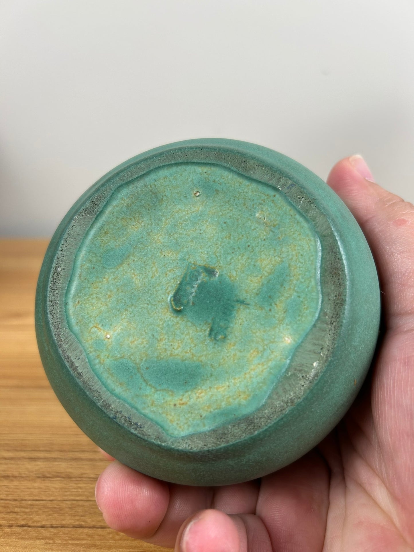 Teco Art Pottery Matte Green Bulbous Cabinet Vase Double Stamped Bottom