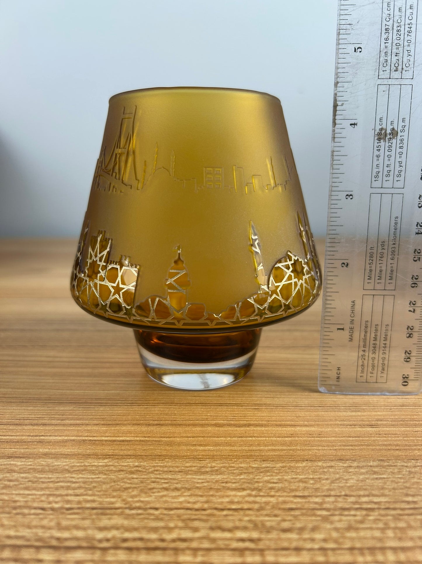 Pasabahce Magazalari Siluet Mumluk Etched Skyline Amber Glass Votive Holder