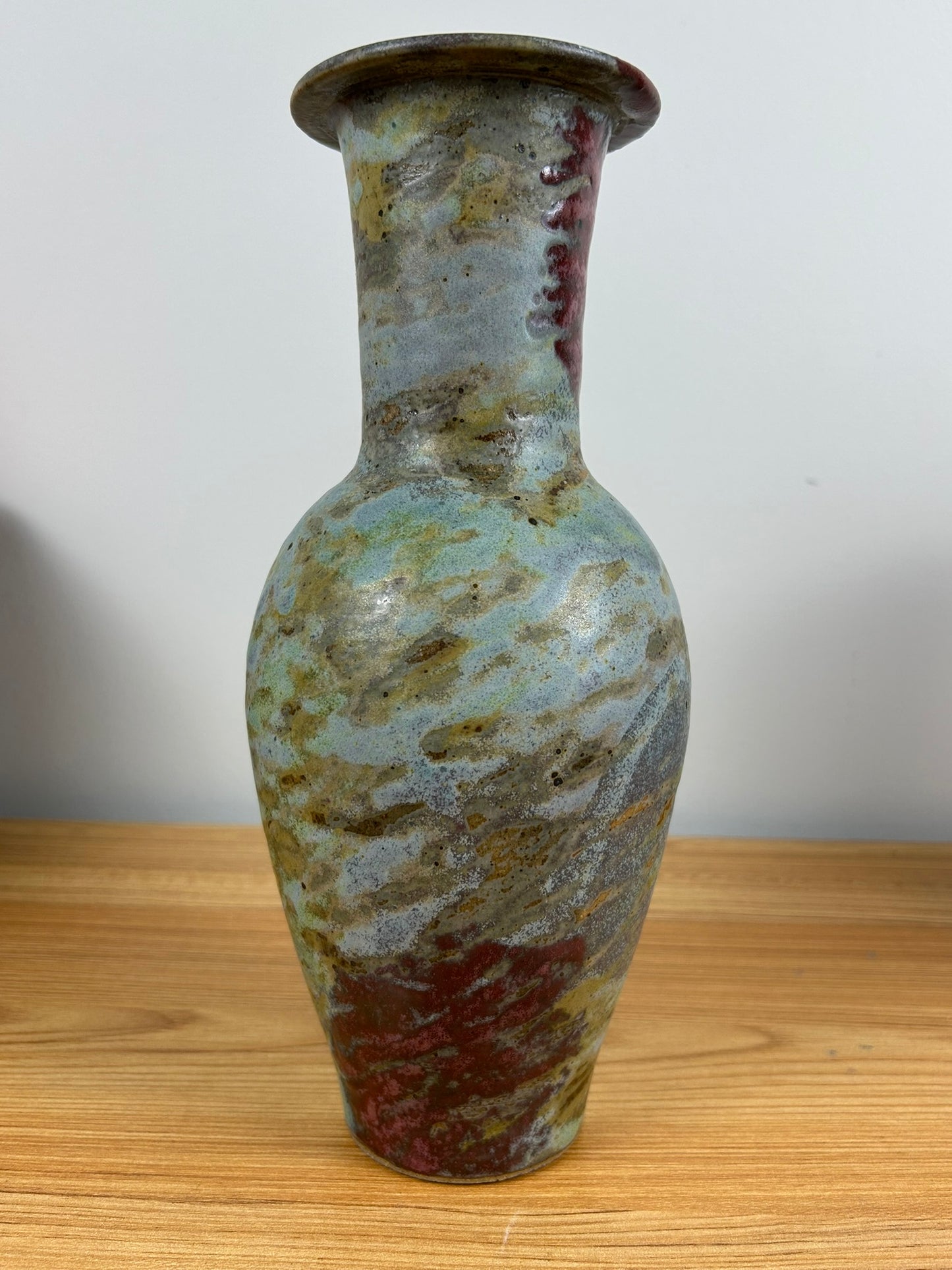John Shedd Studio Art Pottery Red Blue Mottled Glaze 11" Tall Vase