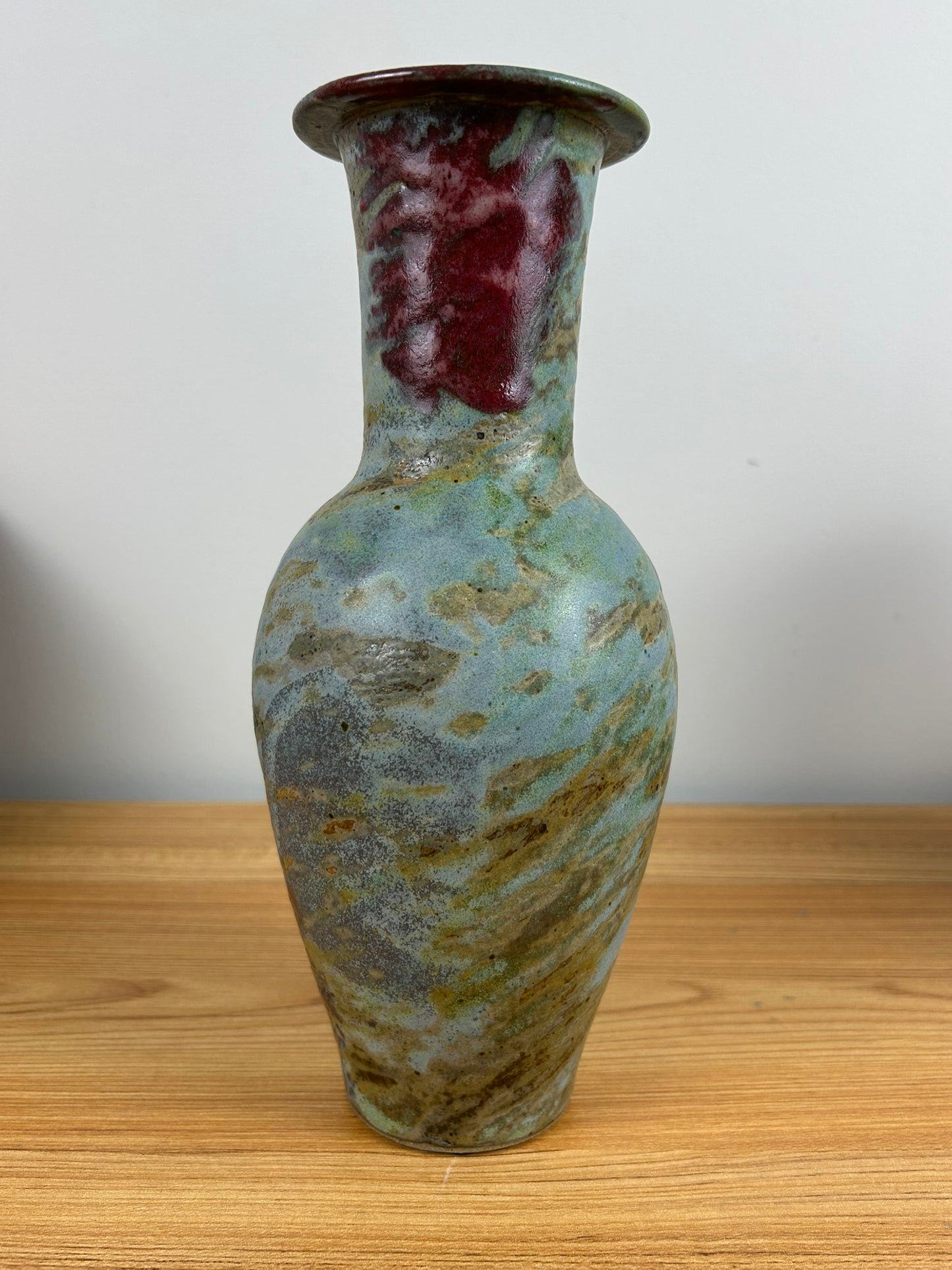 John Shedd Studio Art Pottery Red Blue Mottled Glaze 11" Tall Vase