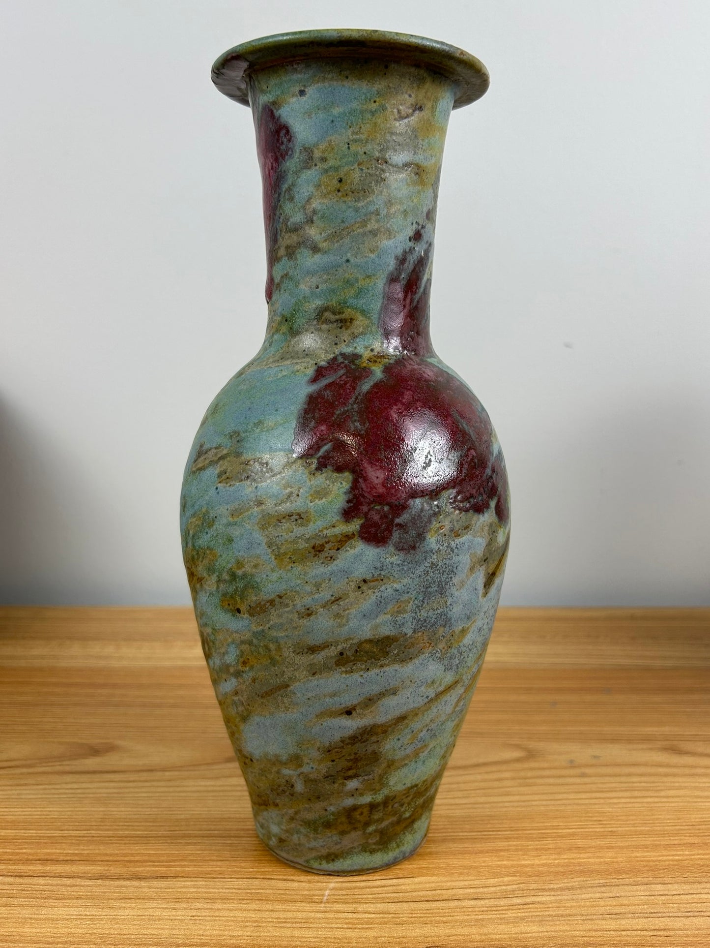 John Shedd Studio Art Pottery Red Blue Mottled Glaze 11" Tall Vase