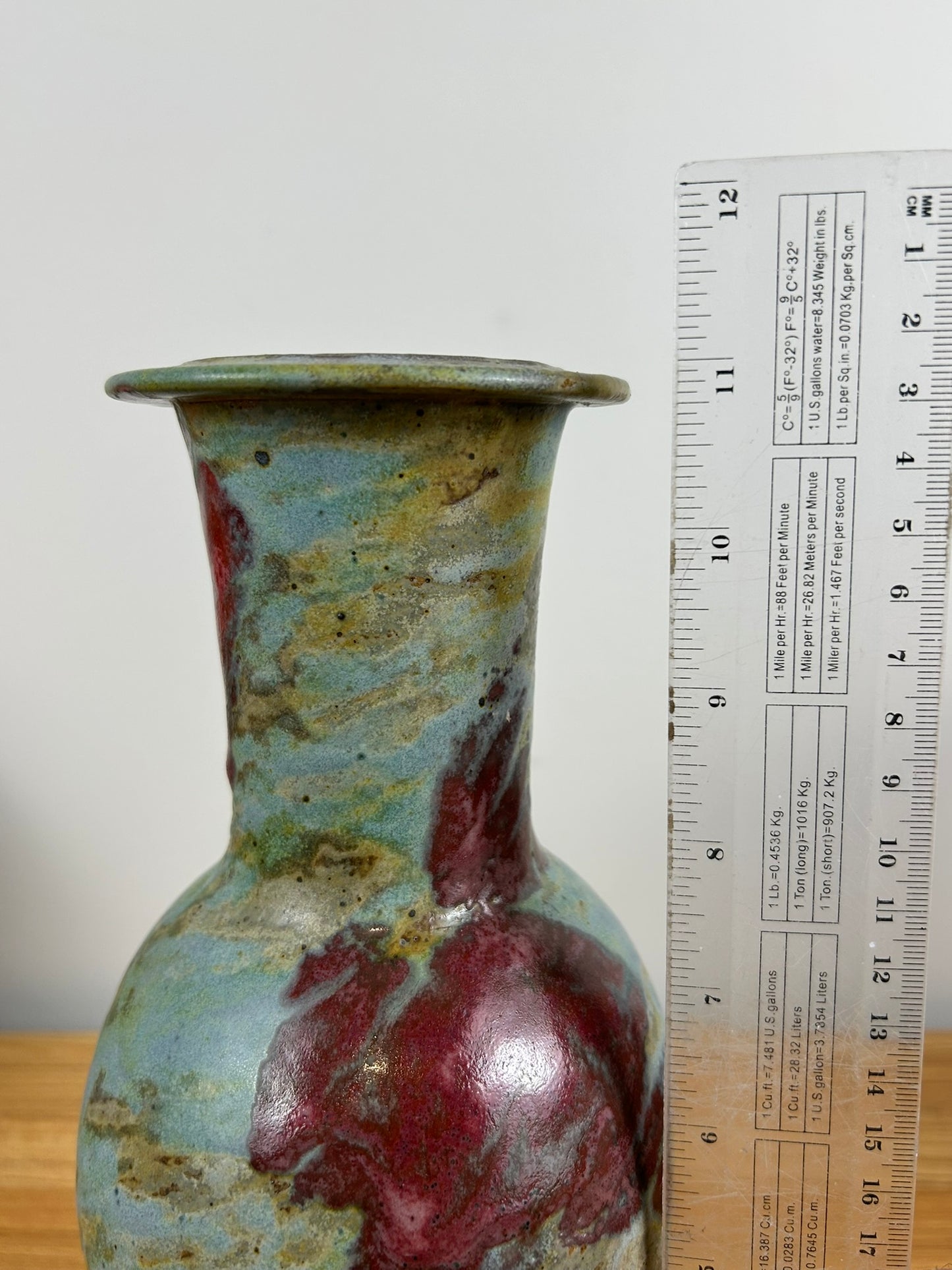 John Shedd Studio Art Pottery Red Blue Mottled Glaze 11" Tall Vase