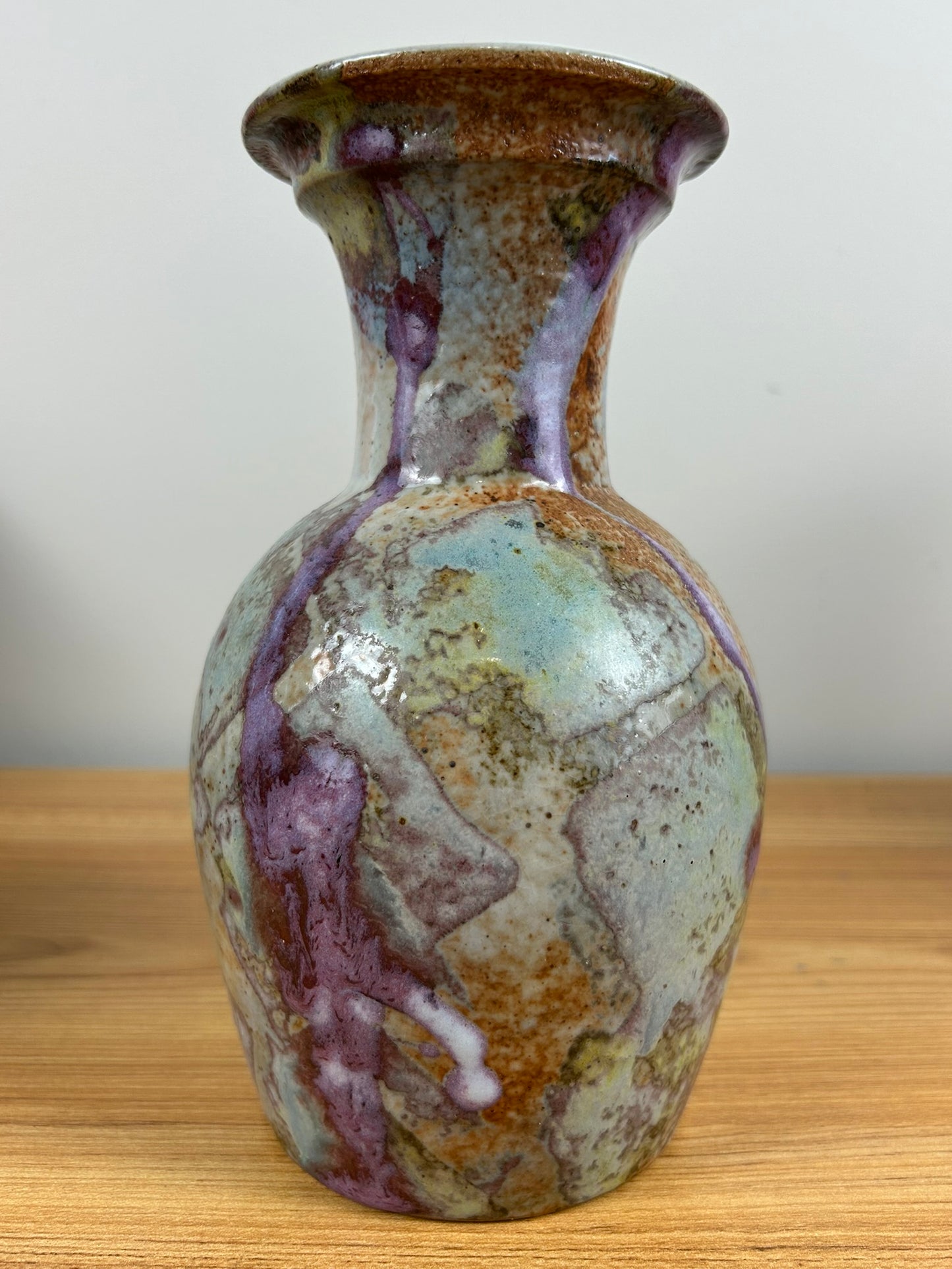 John Shedd Studio Art Pottery Purple Green Textured Glaze 8.5" Tall Vase