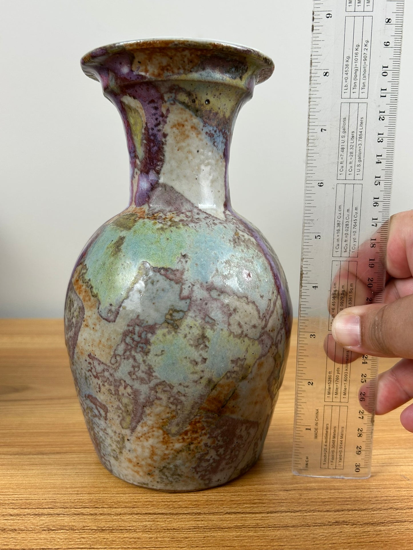 John Shedd Studio Art Pottery Purple Green Textured Glaze 8.5" Tall Vase