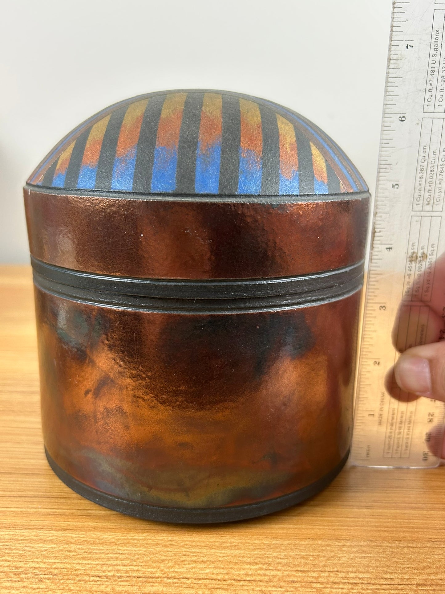 Christine Colombarini Art Pottery Raku Metallic Glazed Domed Lidded Jar