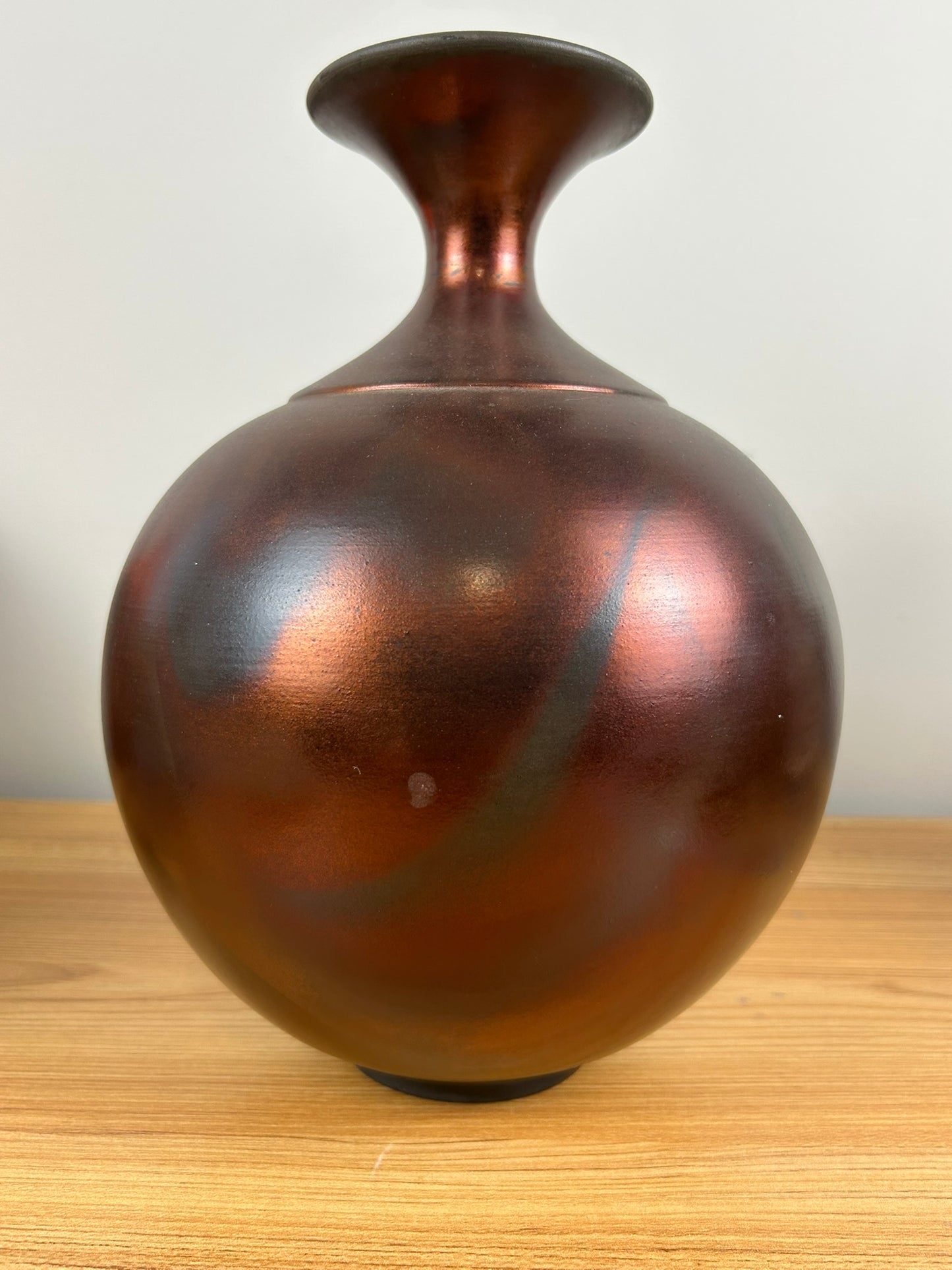 Christine Colombarini Raku Art Pottery Tall Bulbous Red Metallic Glaze Flared Rim Vase