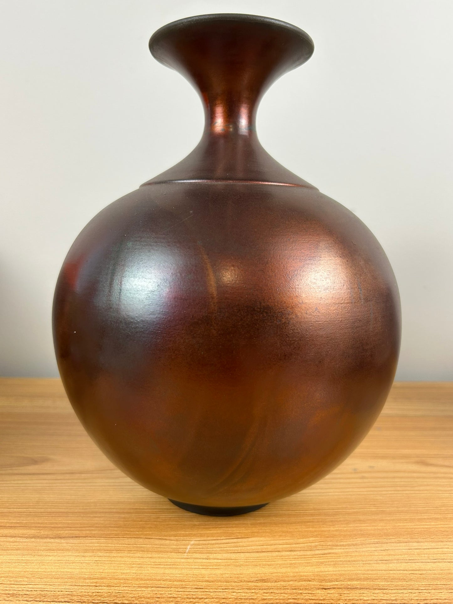 Christine Colombarini Raku Art Pottery Tall Bulbous Red Metallic Glaze Flared Rim Vase