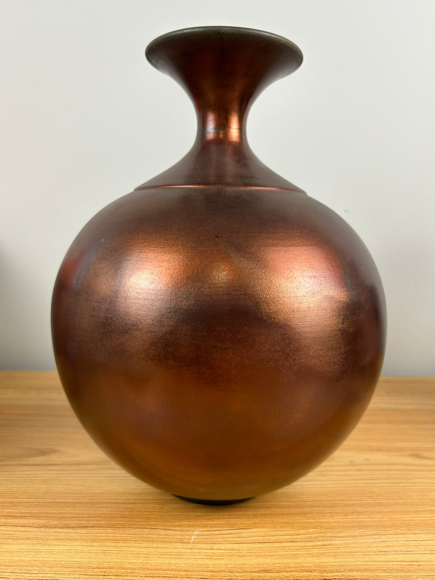 Christine Colombarini Raku Art Pottery Tall Bulbous Red Metallic Glaze Flared Rim Vase
