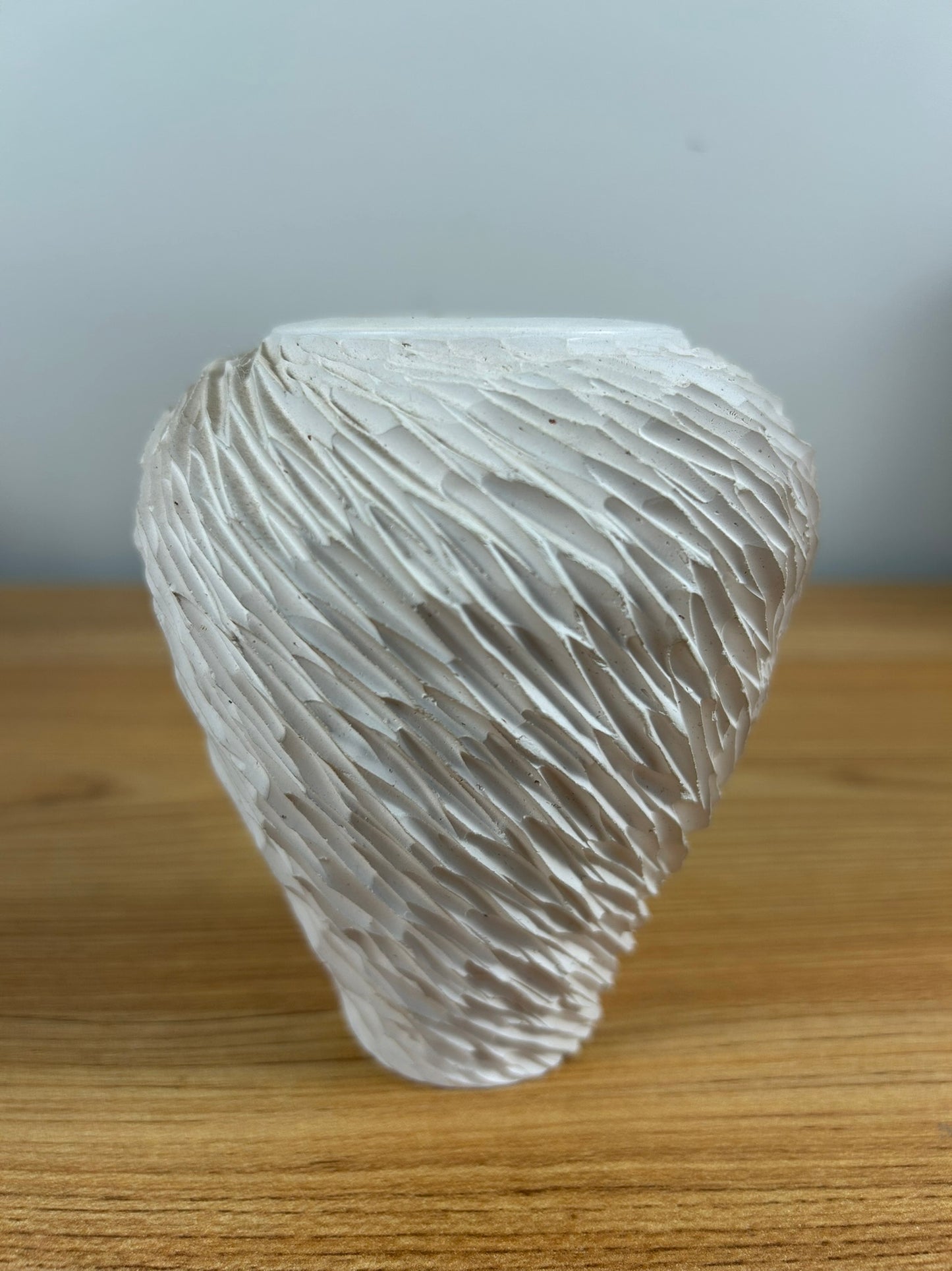 Mid Century White Wavy Carved Line Cabinet Vase Artist Signed