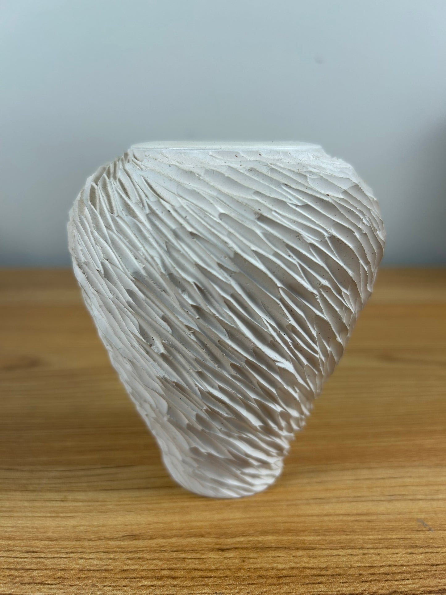 Mid Century White Wavy Carved Line Cabinet Vase Artist Signed