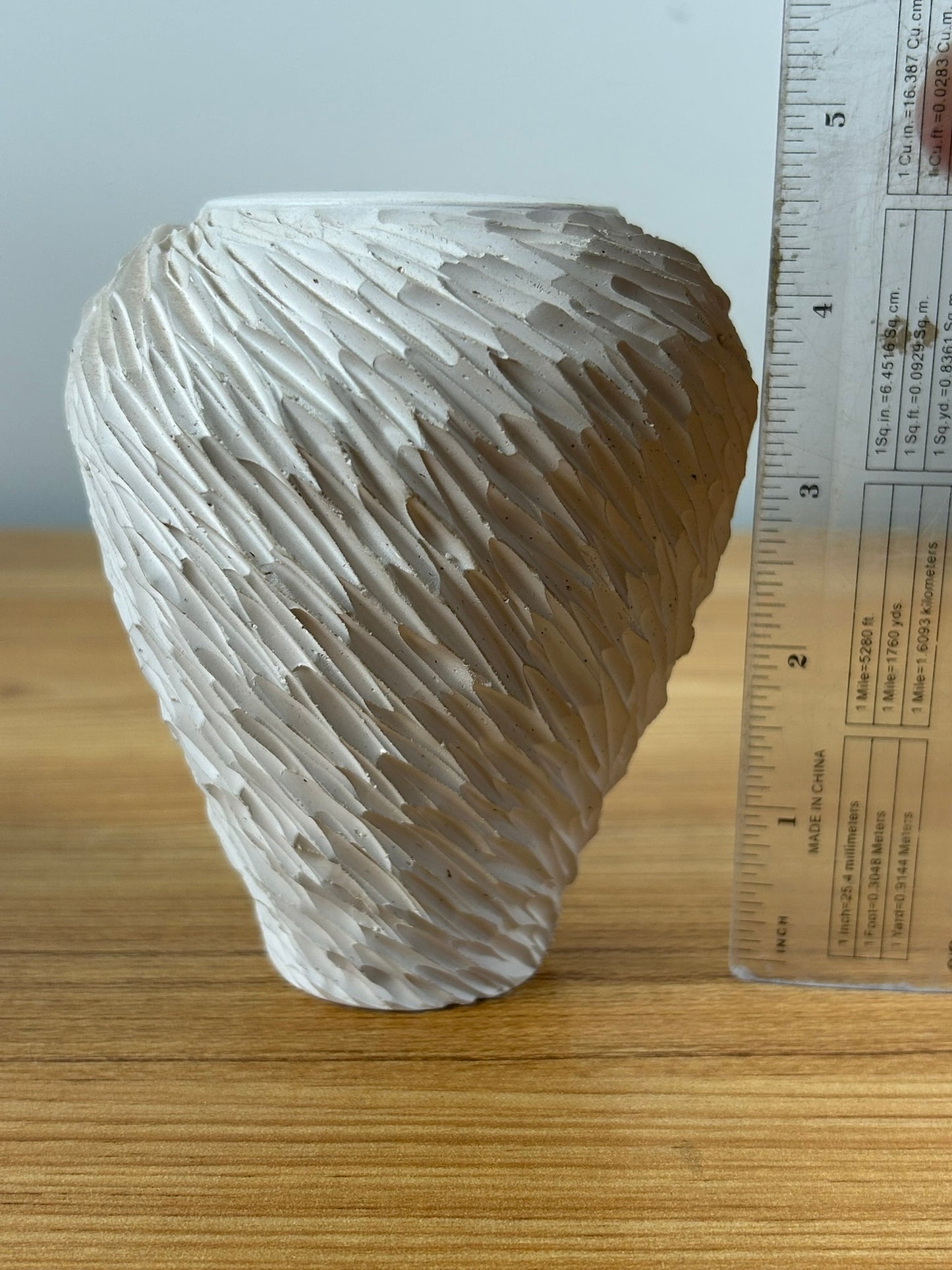 Mid Century White Wavy Carved Line Cabinet Vase Artist Signed