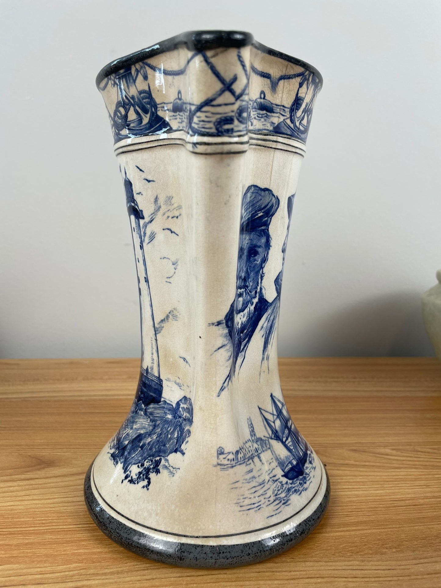 Buffalo Pottery Marine Jug 1906 Nautical Seaman & Ships Lighthouse B&W Pitcher