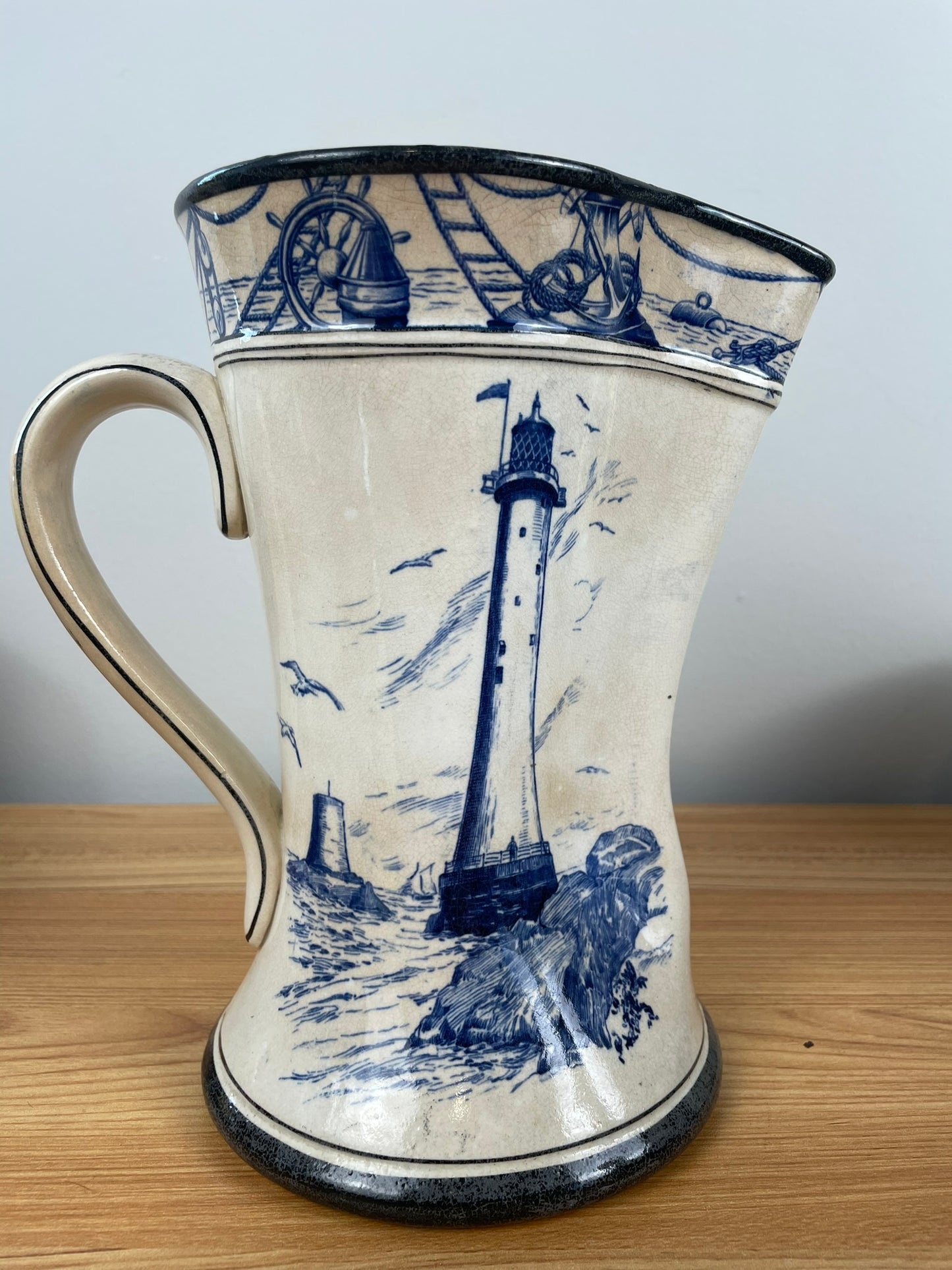 Buffalo Pottery Marine Jug 1906 Nautical Seaman & Ships Lighthouse B&W Pitcher