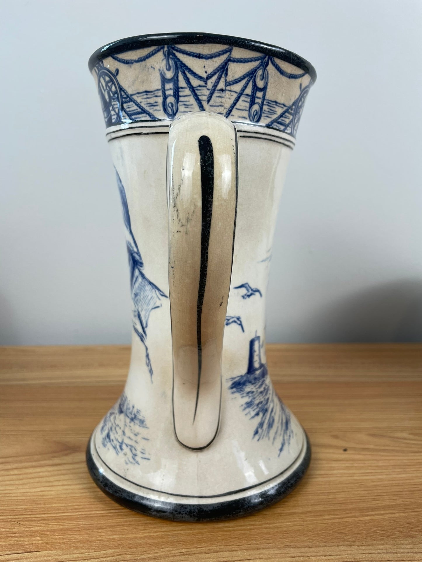 Buffalo Pottery Marine Jug 1906 Nautical Seaman & Ships Lighthouse B&W Pitcher