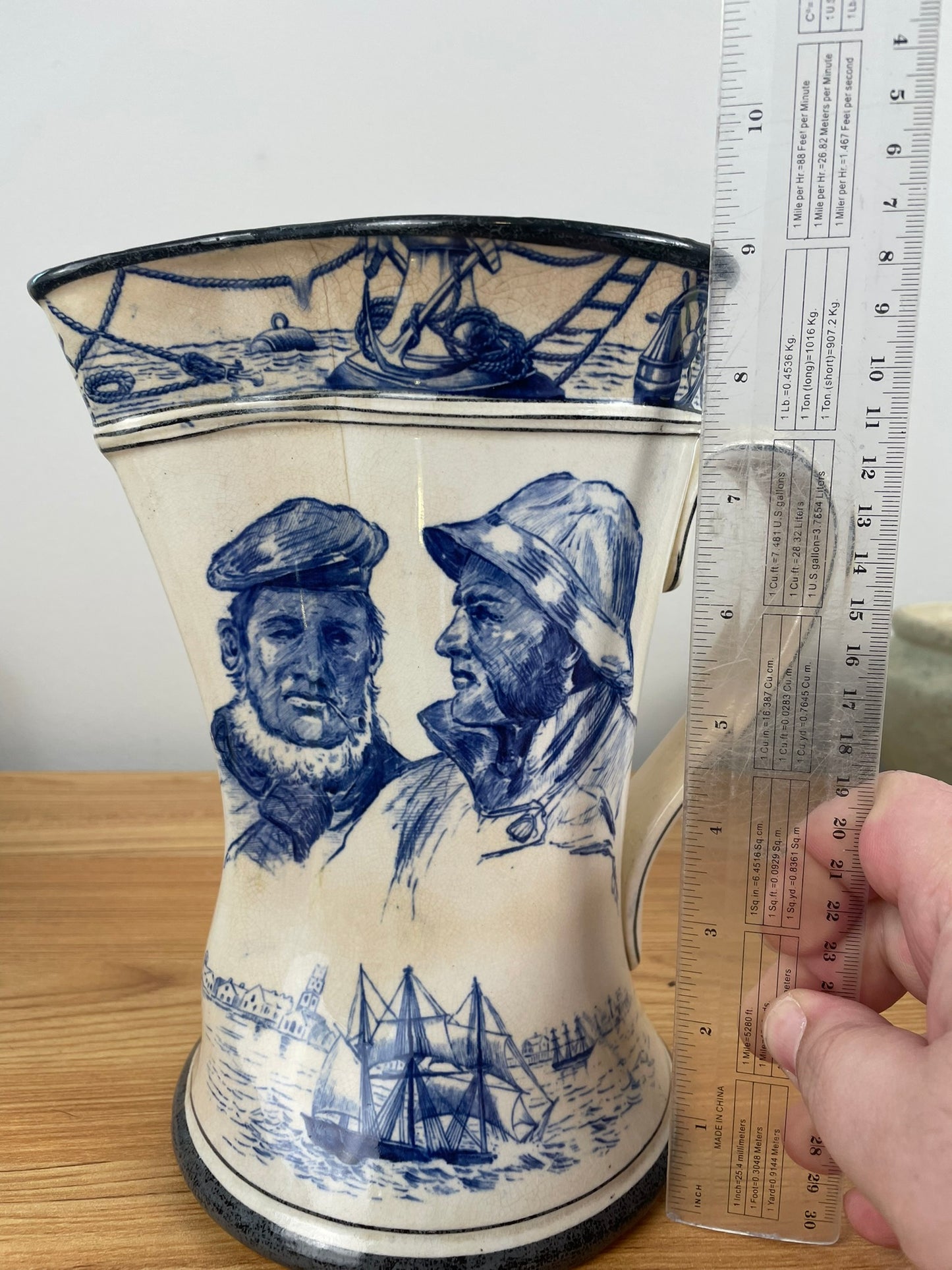 Buffalo Pottery Marine Jug 1906 Nautical Seaman & Ships Lighthouse B&W Pitcher
