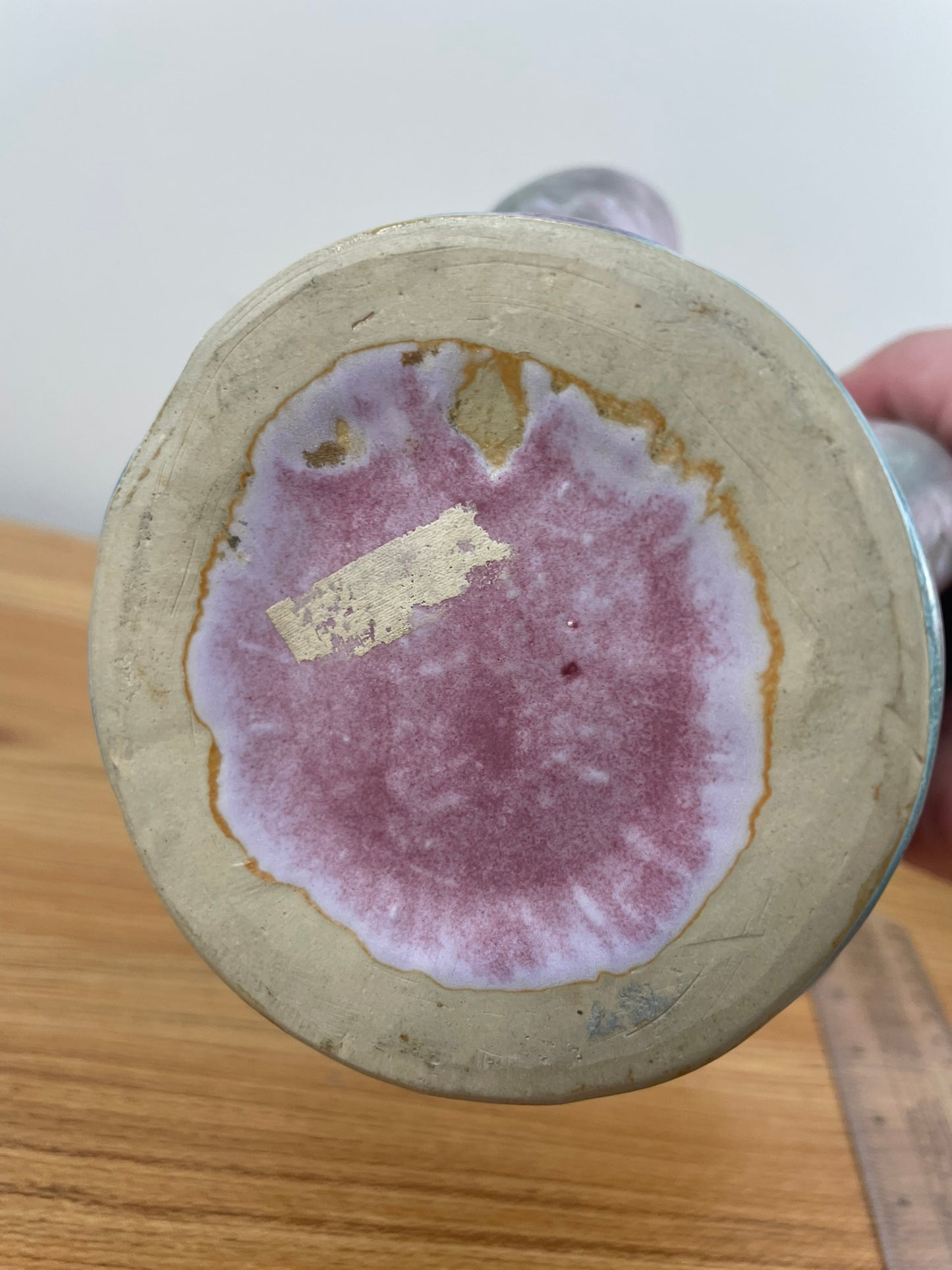 Burley Winter Vintage Art Pottery Mottled Rose Green Ceramic Fan Vase 1F 1930s
