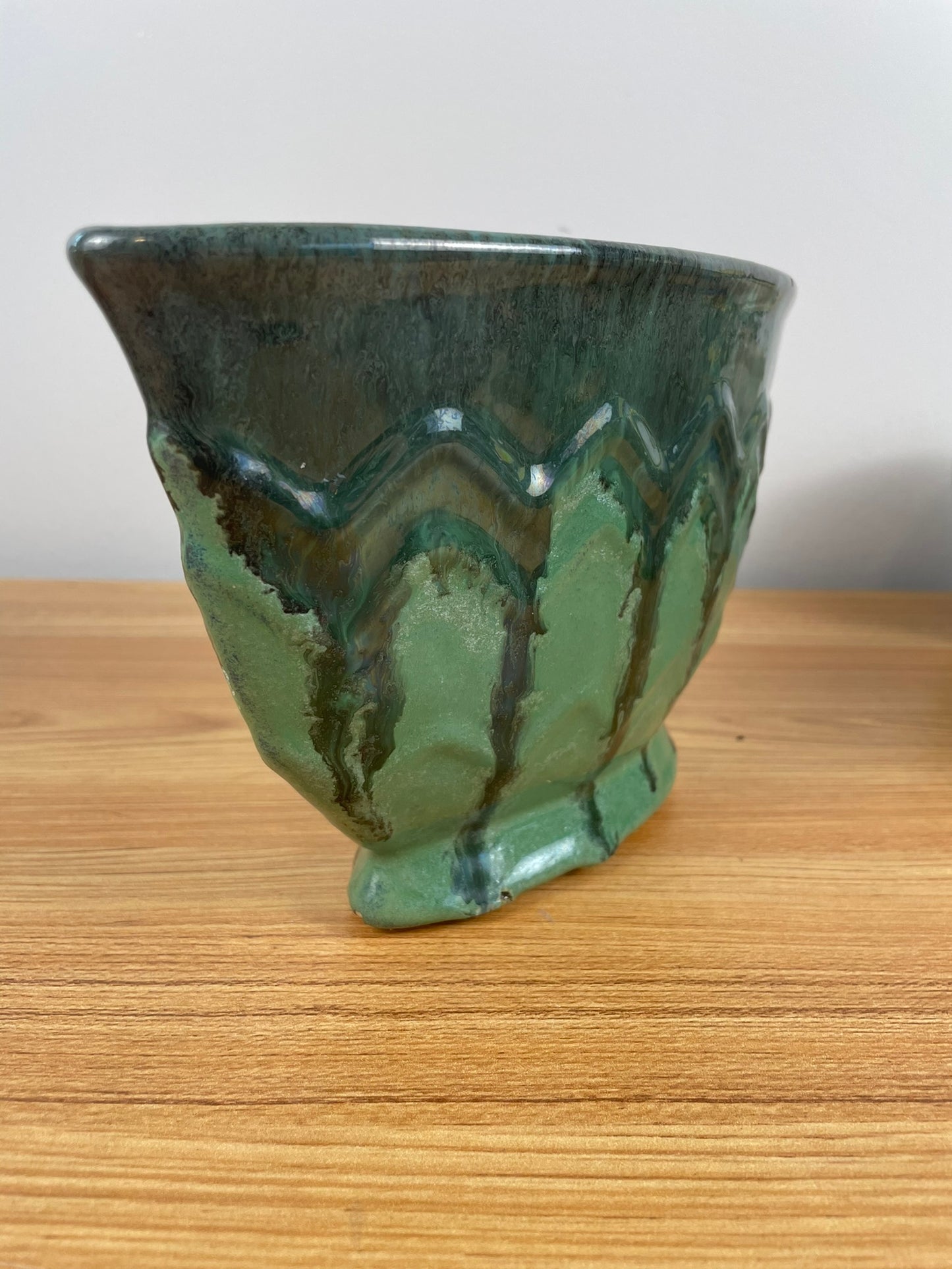 Fulper Pottery Green Oval Fan Bowl Vase Arts & Crafts Deco 6" Tall 10" Wide
