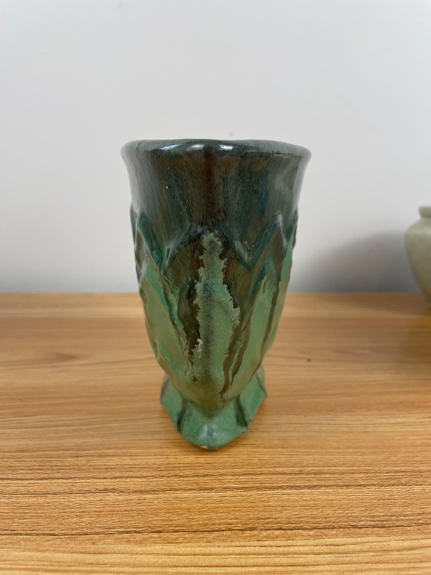 Fulper Pottery Green Oval Fan Bowl Vase Arts & Crafts Deco 6" Tall 10" Wide