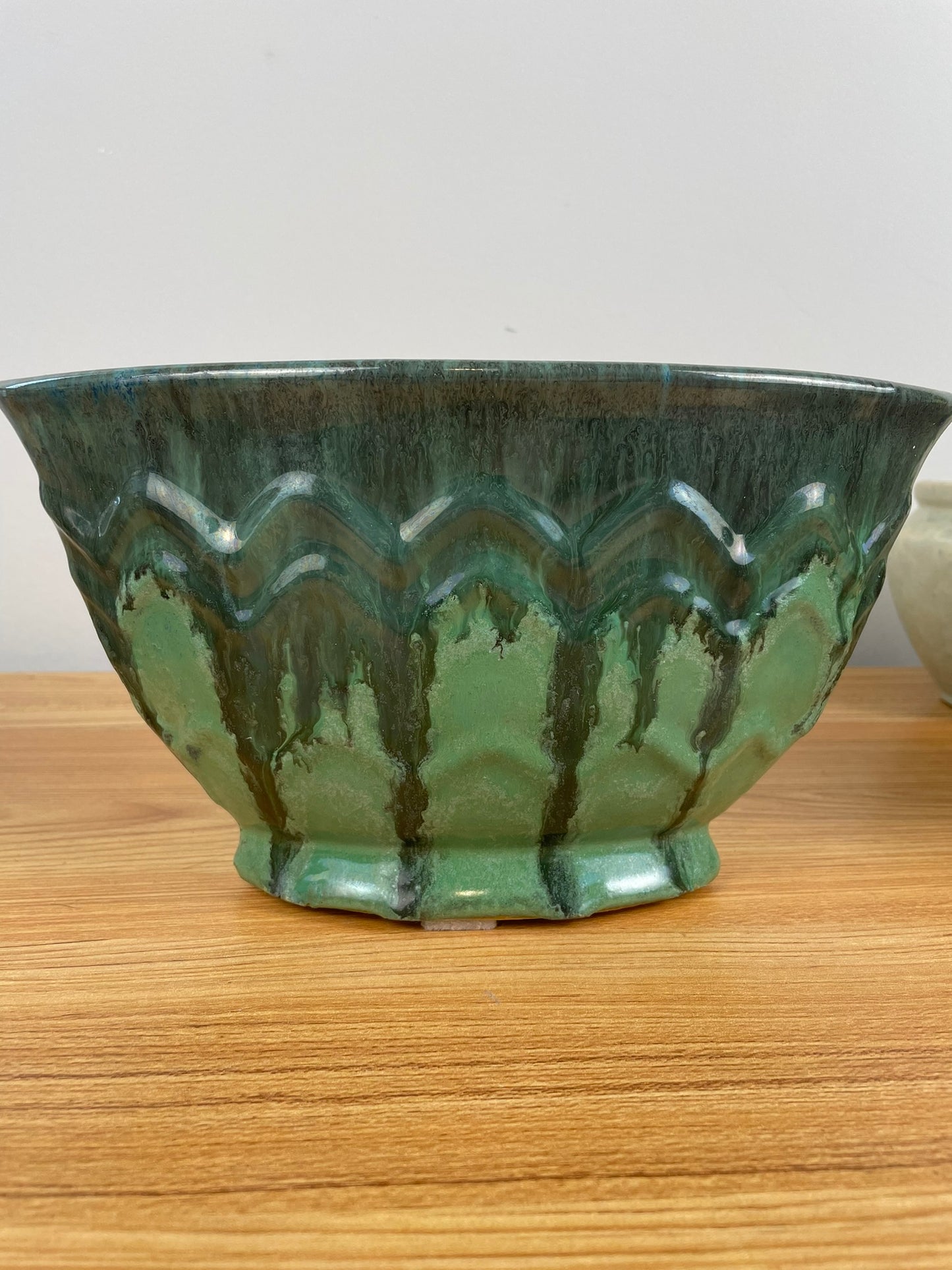 Fulper Pottery Green Oval Fan Bowl Vase Arts & Crafts Deco 6" Tall 10" Wide