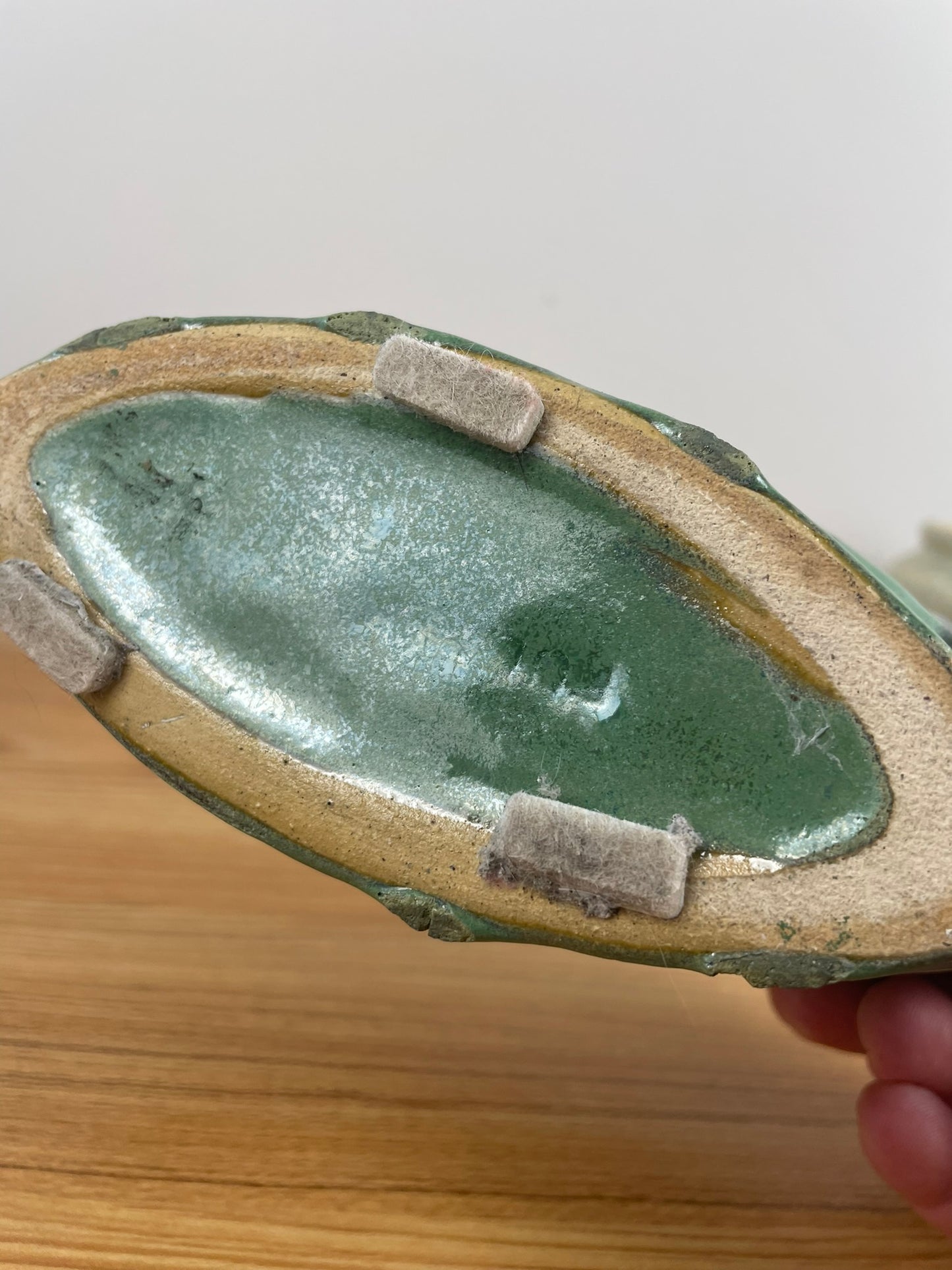 Fulper Pottery Green Oval Fan Bowl Vase Arts & Crafts Deco 6" Tall 10" Wide