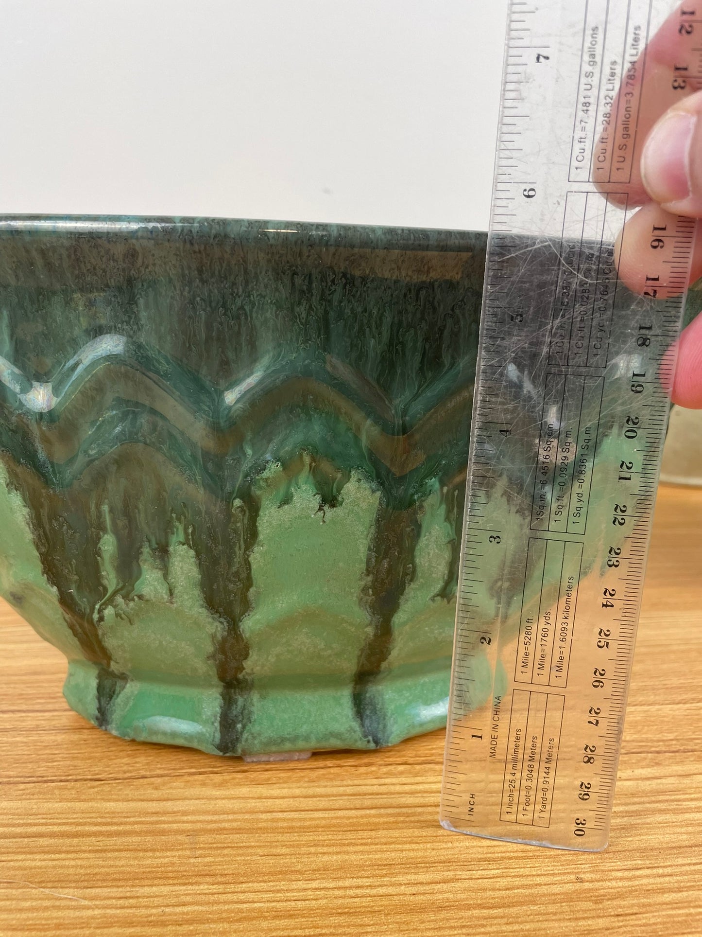Fulper Pottery Green Oval Fan Bowl Vase Arts & Crafts Deco 6" Tall 10" Wide
