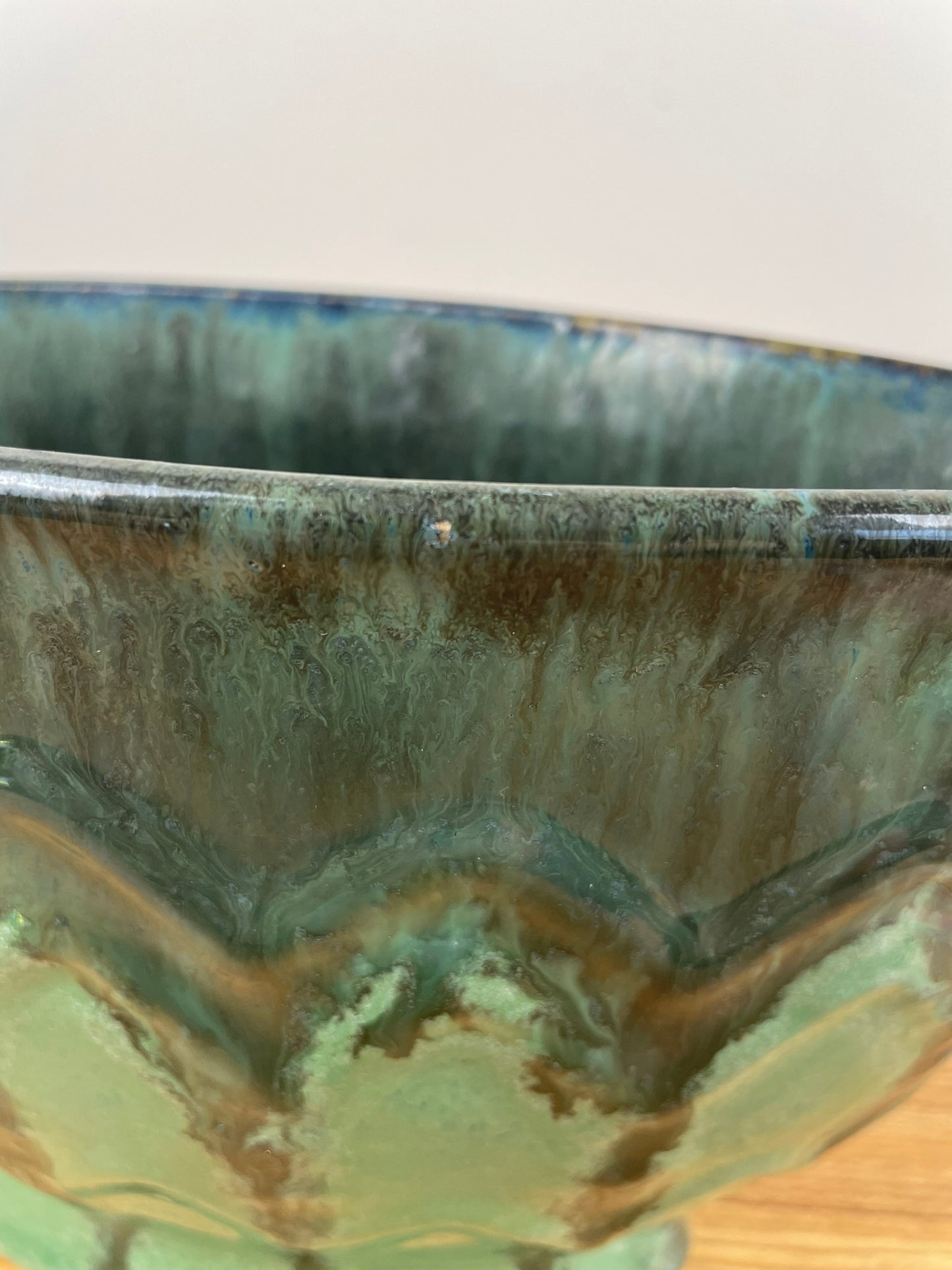 Fulper Pottery Green Oval Fan Bowl Vase Arts & Crafts Deco 6" Tall 10" Wide