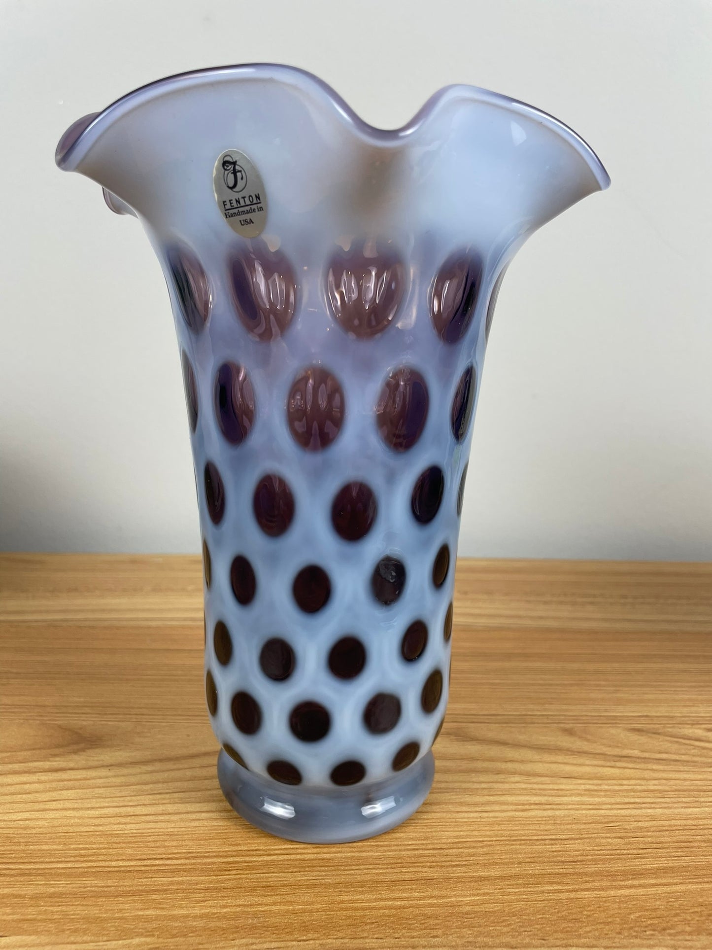 Vintage Fenton Purple Coin Dot Ruffle Top Opalescent Vase Rare Find 8” Tall