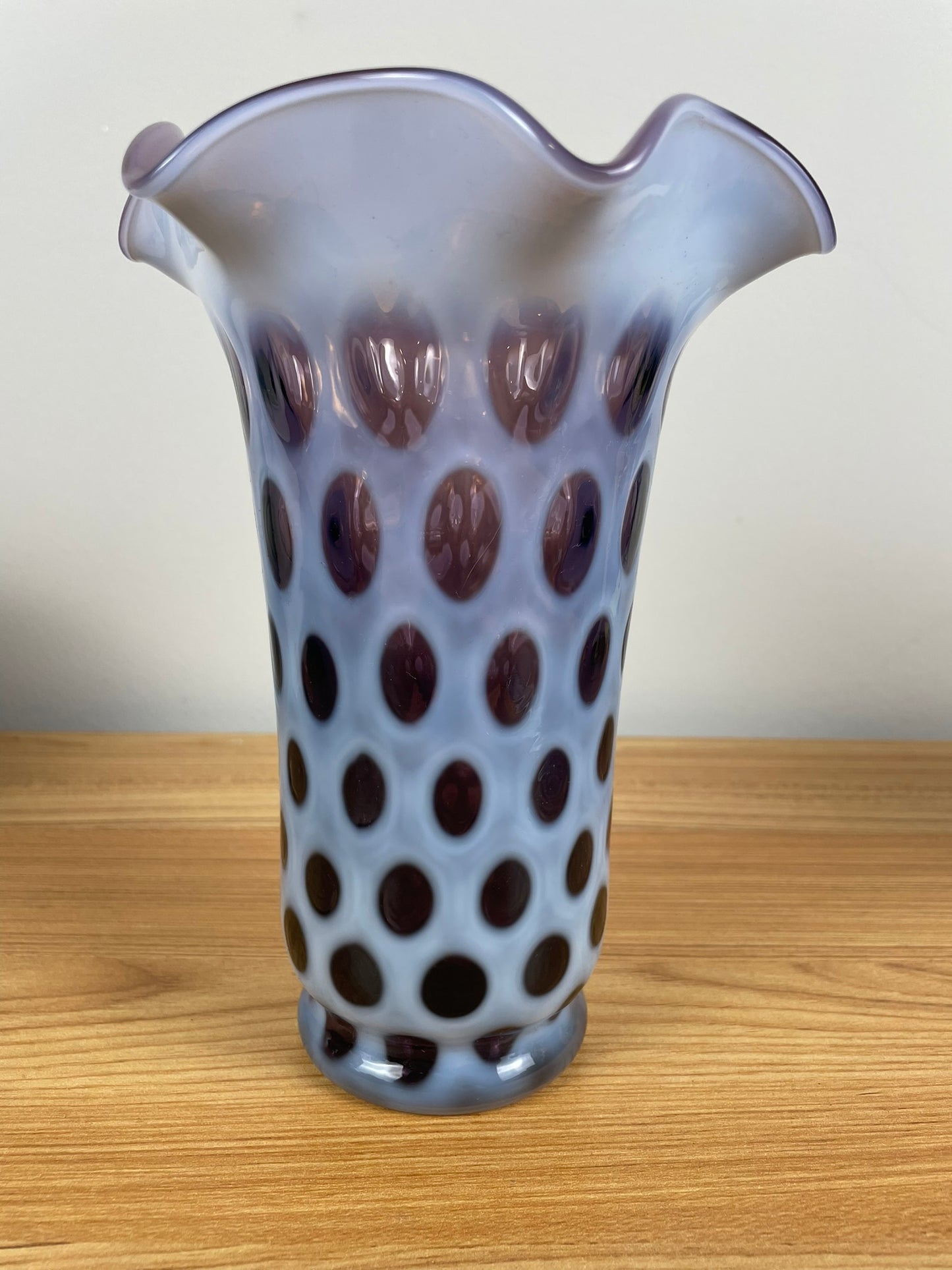 Vintage Fenton Purple Coin Dot Ruffle Top Opalescent Vase Rare Find 8” Tall