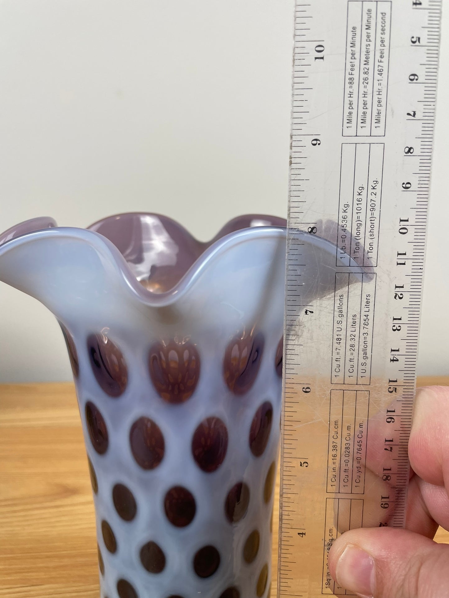 Vintage Fenton Purple Coin Dot Ruffle Top Opalescent Vase Rare Find 8” Tall