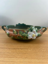 Roseville Art Pottery Green Brown, White Rose Handled Bowl 389-6"