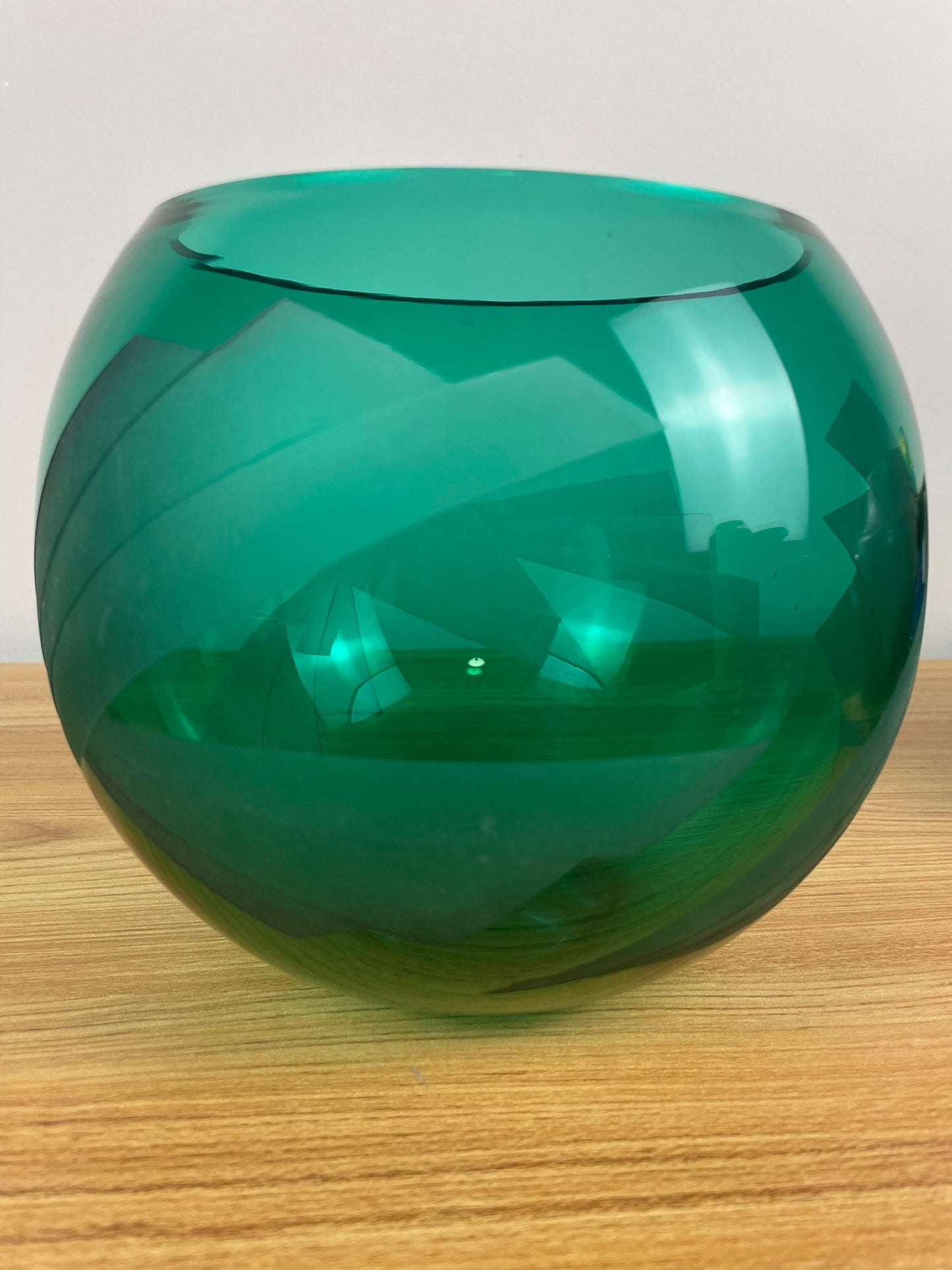Steve Resnick Green Art Glass Etched Geometric Design Bowl Vase #2 9/93