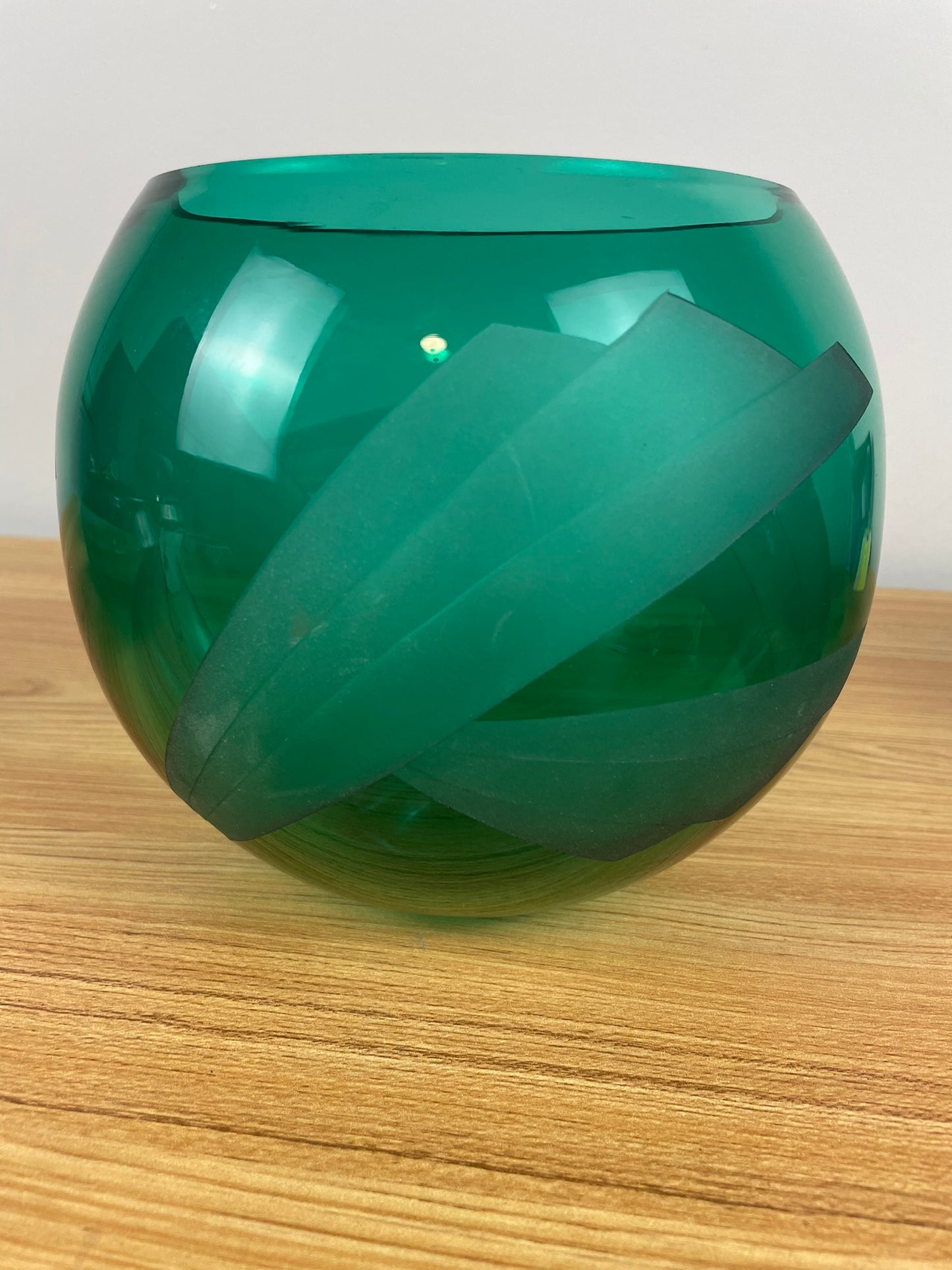 Steve Resnick Green Art Glass Etched Geometric Design Bowl Vase #2 9/93