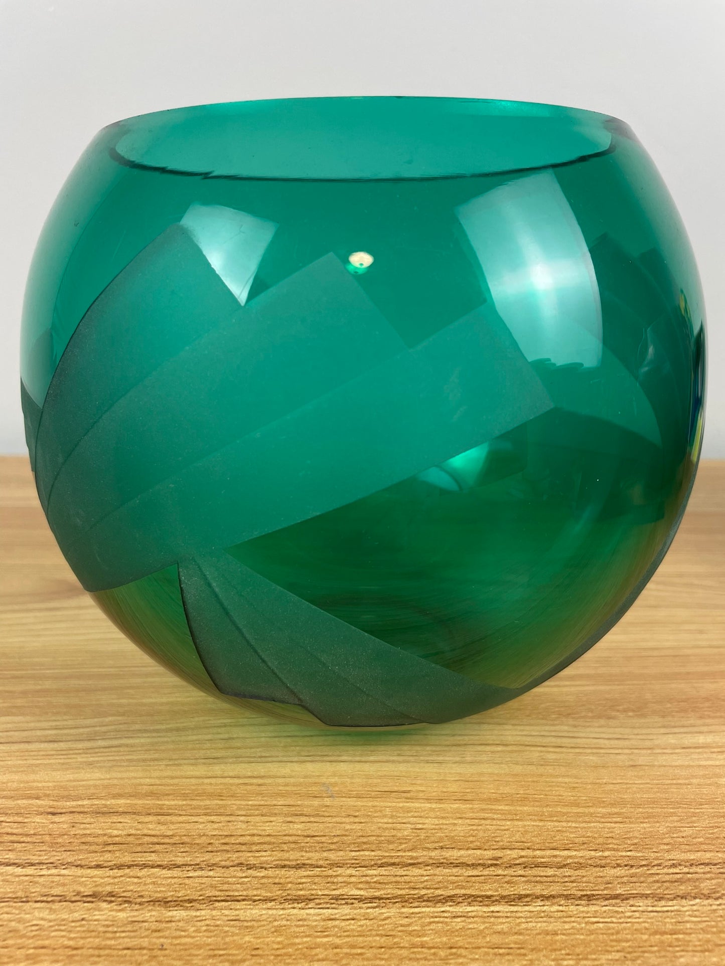 Steve Resnick Green Art Glass Etched Geometric Design Bowl Vase #2 9/93