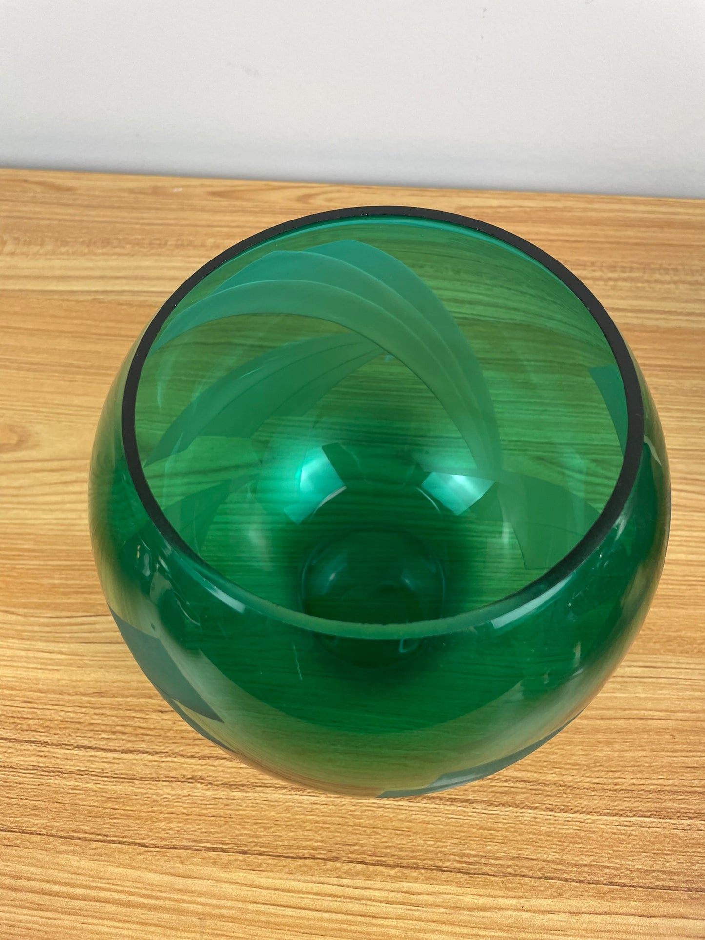 Steve Resnick Green Art Glass Etched Geometric Design Bowl Vase #2 9/93