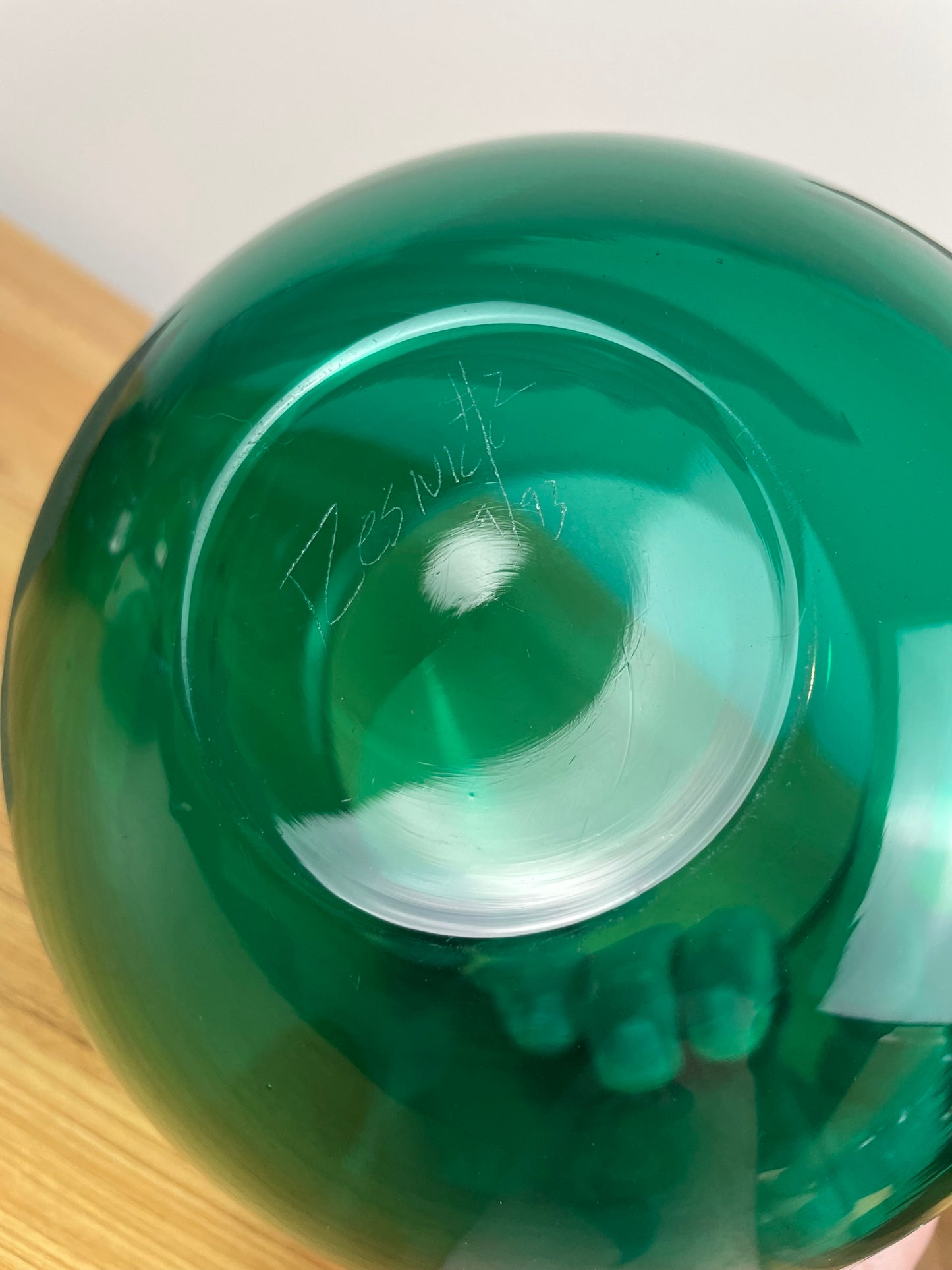 Steve Resnick Green Art Glass Etched Geometric Design Bowl Vase #2 9/93