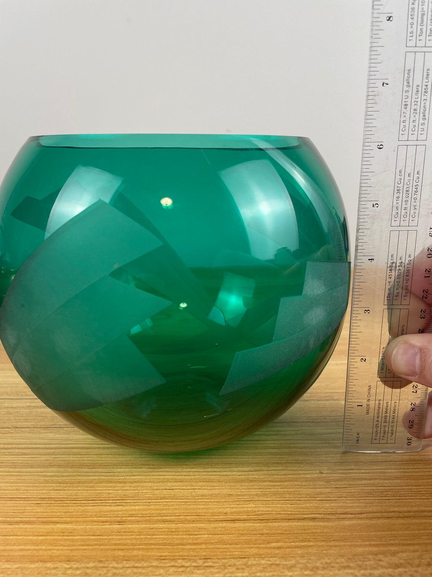 Steve Resnick Green Art Glass Etched Geometric Design Bowl Vase #2 9/93