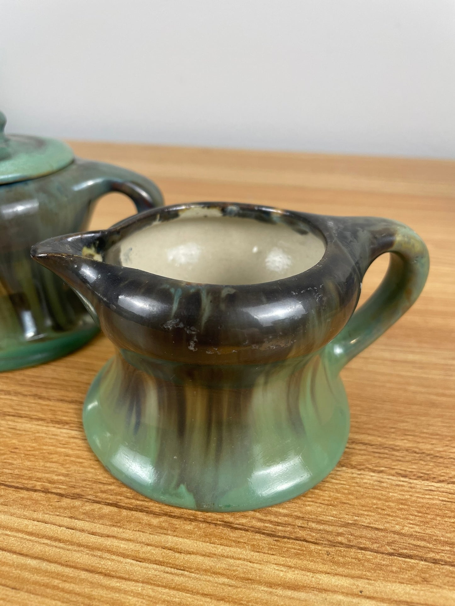 FULPER ART POTTERY SET CREAMER & SUGAR BOWL WITH LID GREEN BROWN GLAZE #2