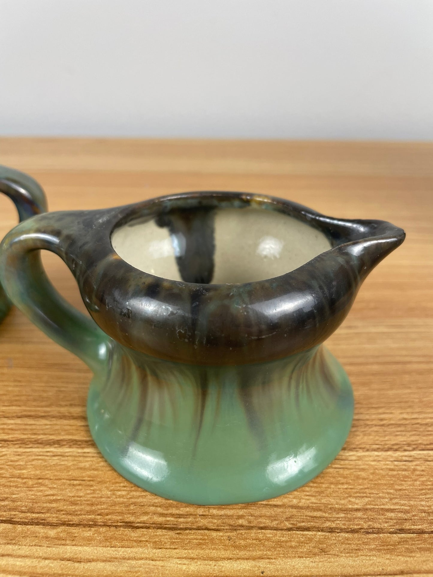 FULPER ART POTTERY SET CREAMER & SUGAR BOWL WITH LID GREEN BROWN GLAZE #2